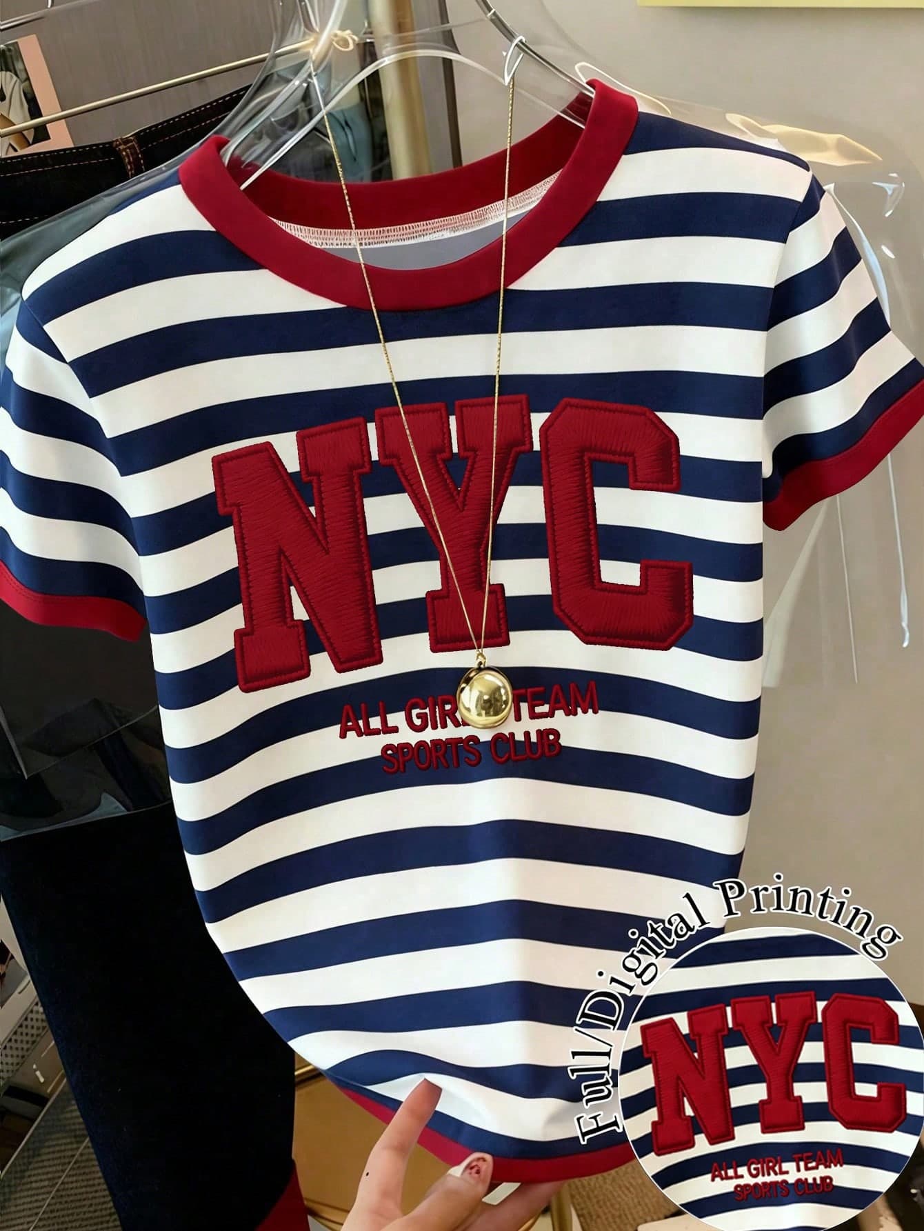 Resyla Women's Casual Striped Letter Print Round Neck Short Sleeve T-Shirt, Summer