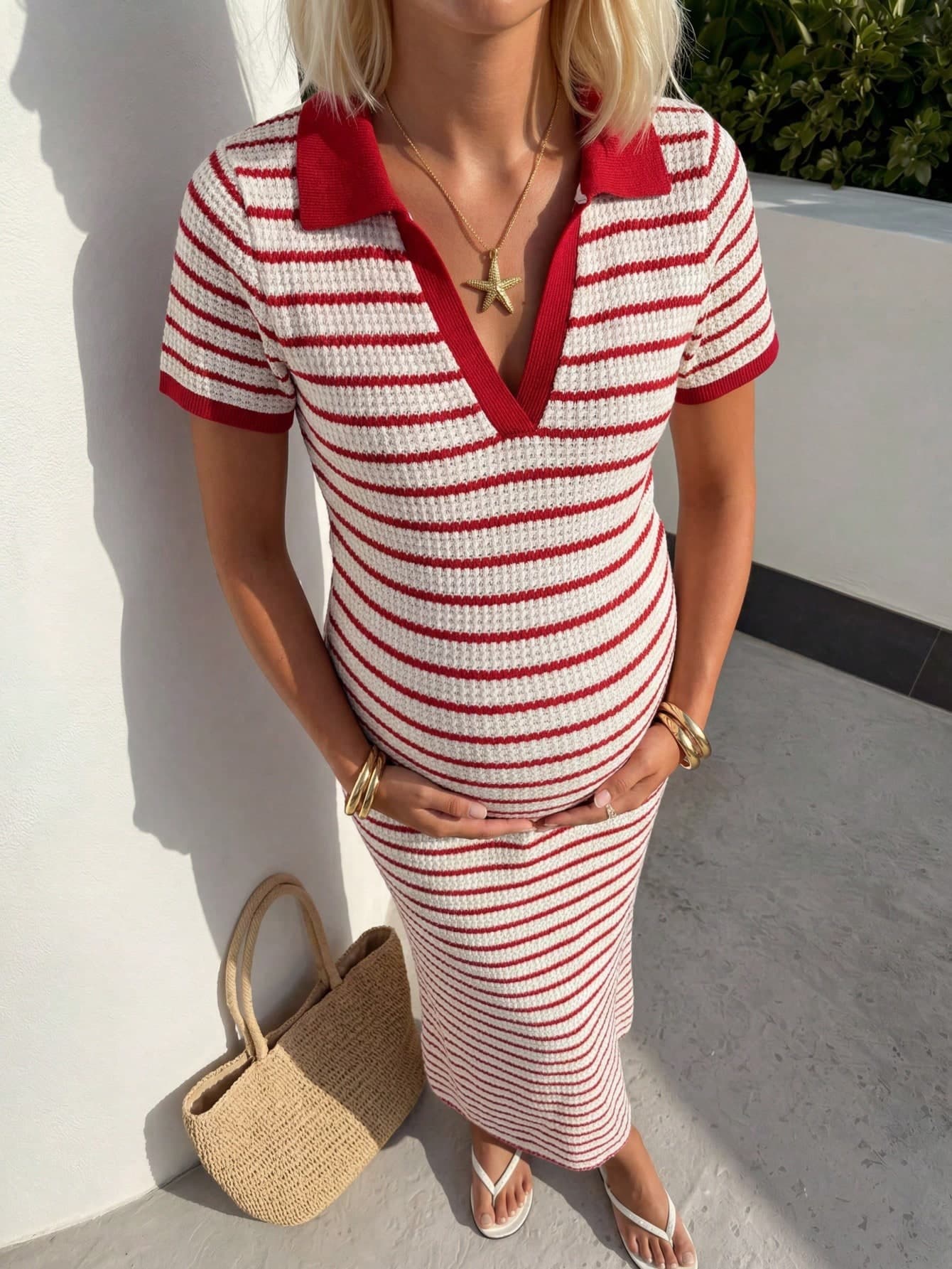 SHEIN Maternity Dress, Red Collared Striped Knit Slim Fit Pregnancy Outfits For Women, Summer White Beach Photoshoot Holiday Vacation Cruise Nautical Casual