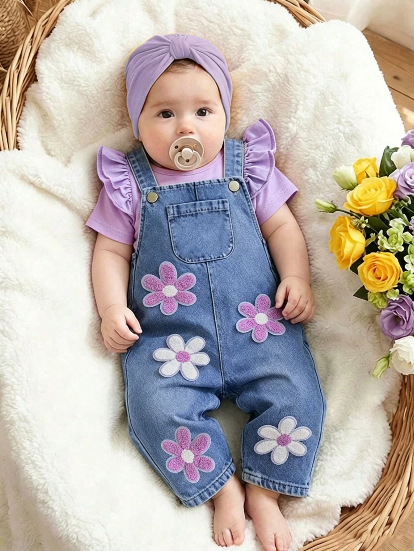 SHEIN 2pcs/Set Baby Girl Purple Flutter Sleeve T-Shirt And Blue Strap Jumpsuit Pants With Flower Autumn Cute Modest Matching Family Countryside Street