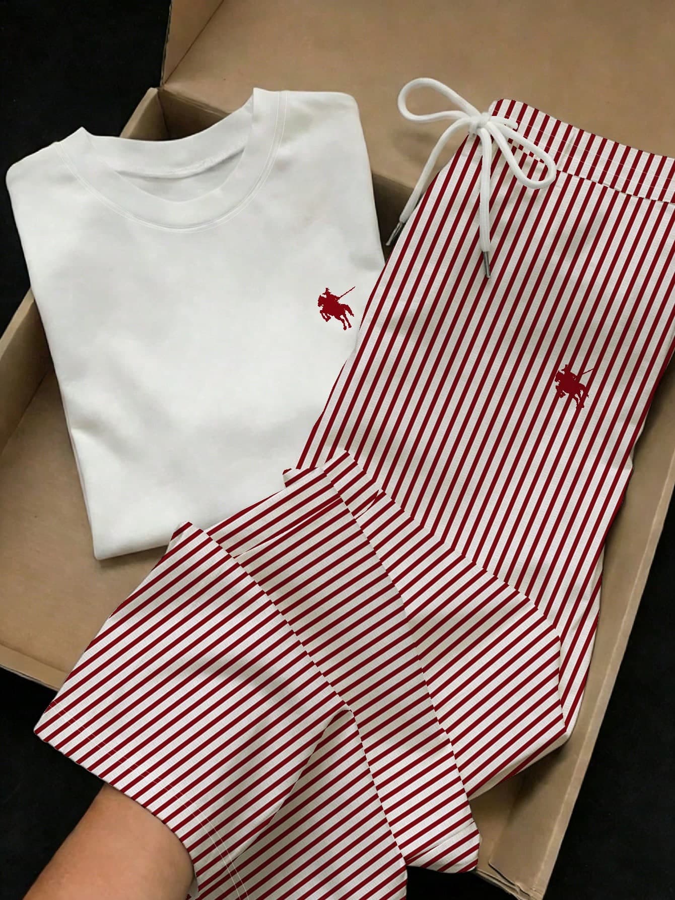 Comfortcana 2pcs Set Embroidered Round Neck Short Sleeve Top And Striped Print Pants, Casual,Vacation Outfits Women