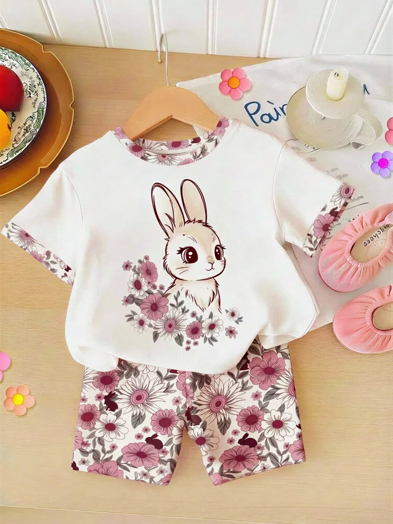 Baby Girl Casual Round Neck Short Sleeve T-Shirt And Leggings Set, Suitable For Spring/Summer