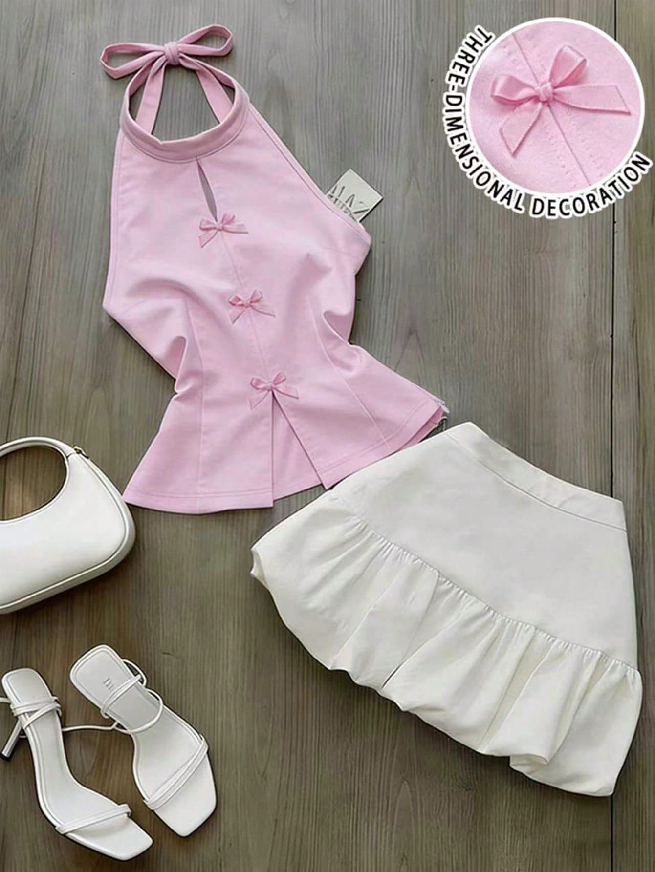 INAWLY Women & Girls Bow Decor Halter Neck Tank Top And Versatile Mini Skirt 2 Pieces Set