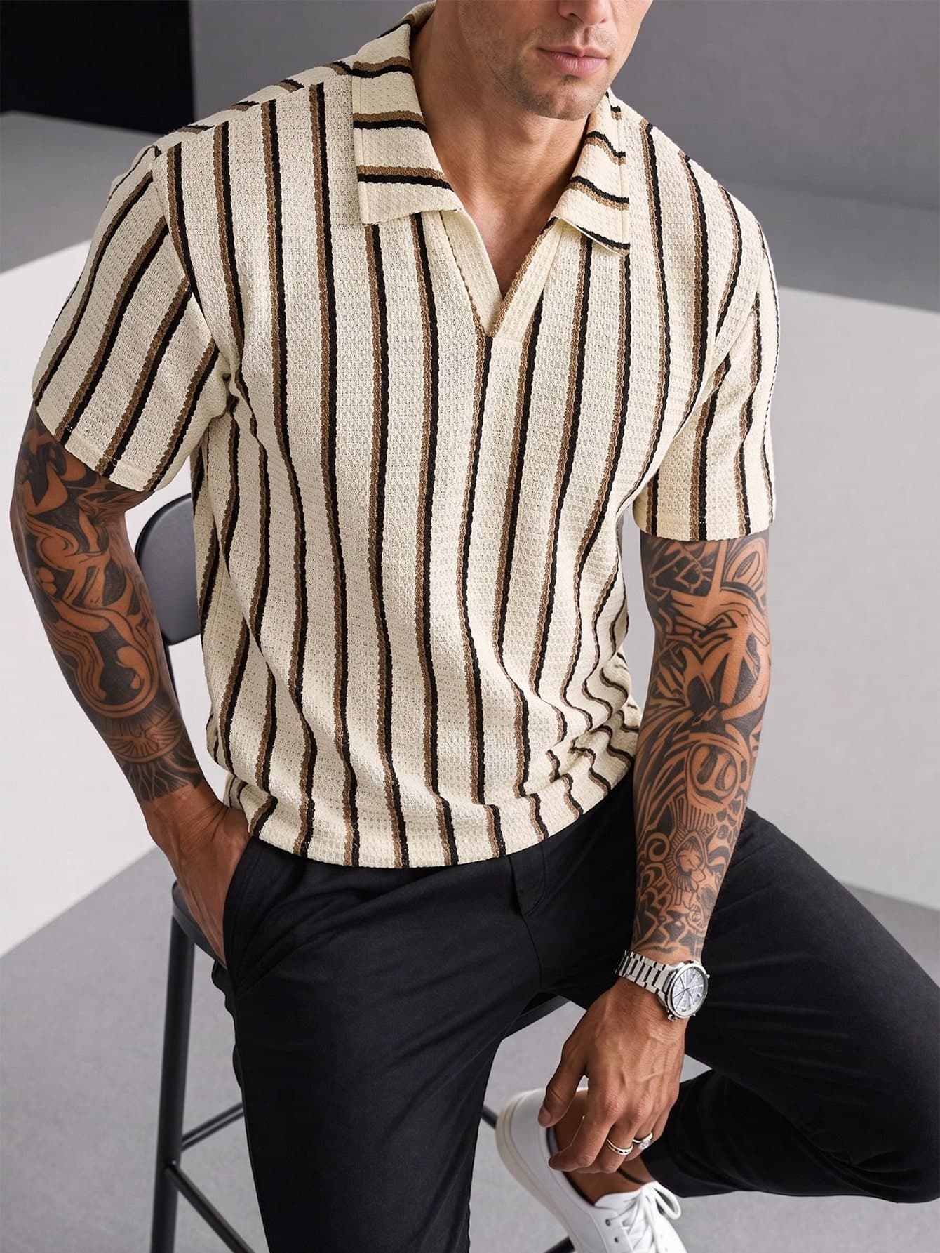 SLATEMANN Men's Black And White Striped Knit Polo Shirt,Short Sleeve V Neck Casual Mesh Textured Crochet Summer Vacation Top,Vintage Bohemian Pattern Knitwear