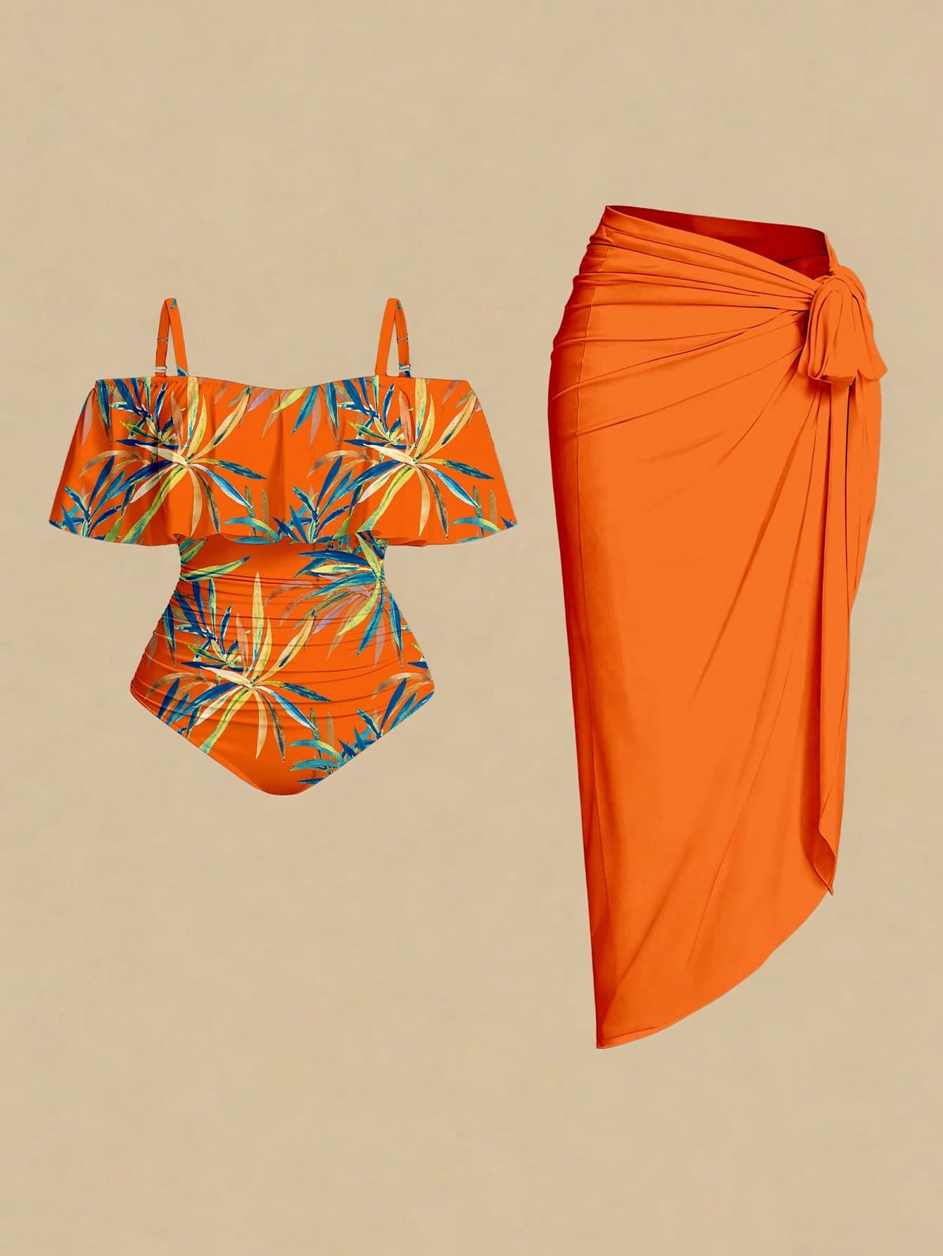 Swim Oasis Plus Size Women Tropical Plant Print Off-Shoulder One-Piece Swimsuit With Coverup And Skirt