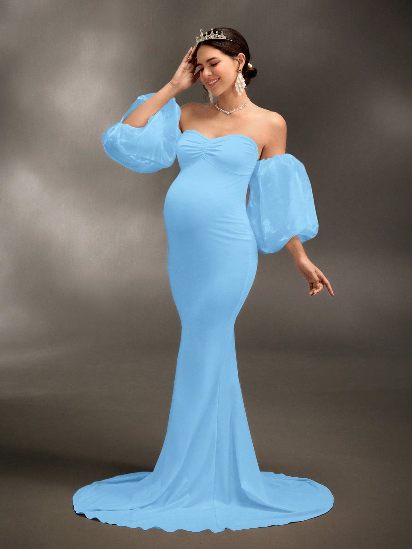 Cheriluna Maternity Maternity Photoshoot Dress/Elegant Party Dress/Baby Shower Dress - Bodycon Knit Dress With 3D Sleeve, Sweetheart Neckline And Ruched Detail