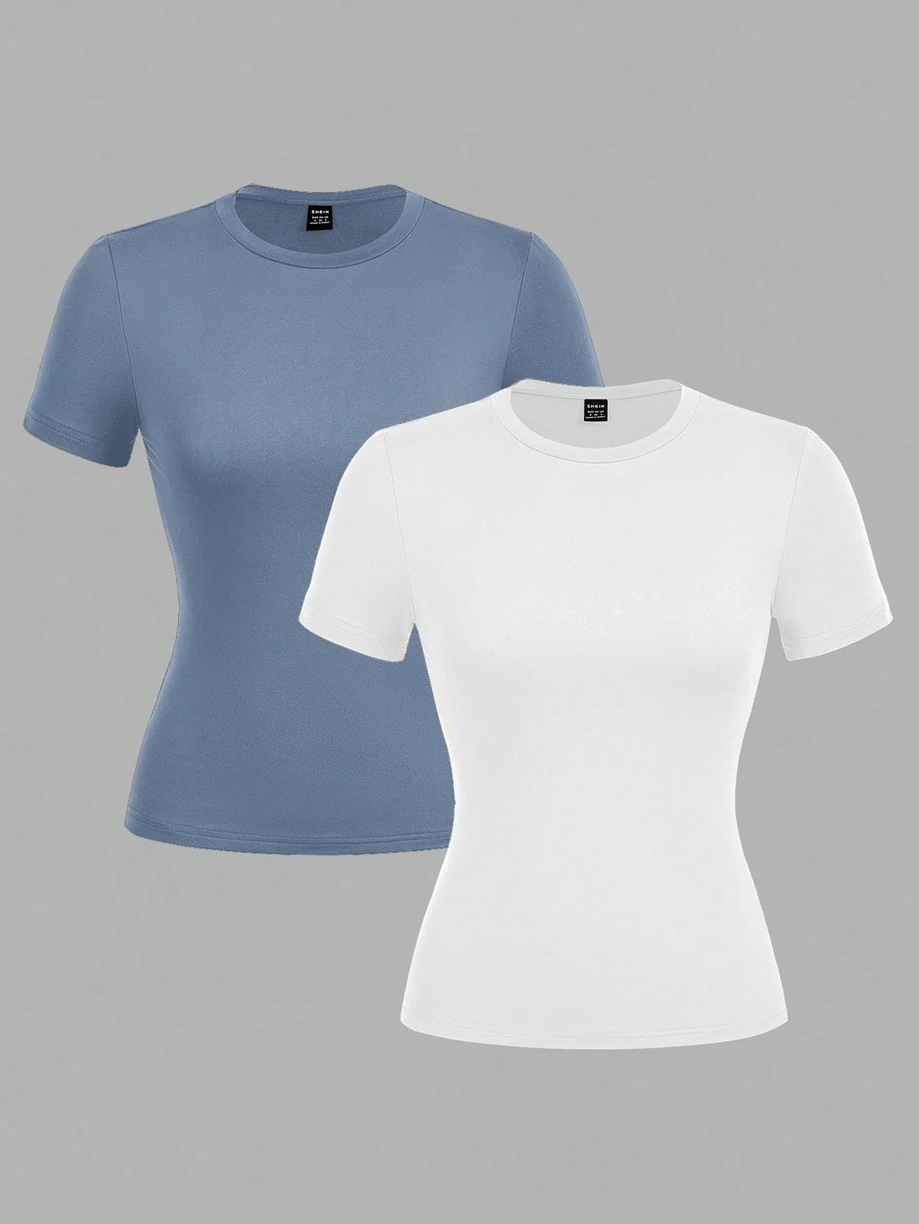 SHEIN EZwear 2pcs Casual Minimalist Basic Crew Neck Short Sleeve T-Shirts, Light Blue White, Spring/Summer Layering Home