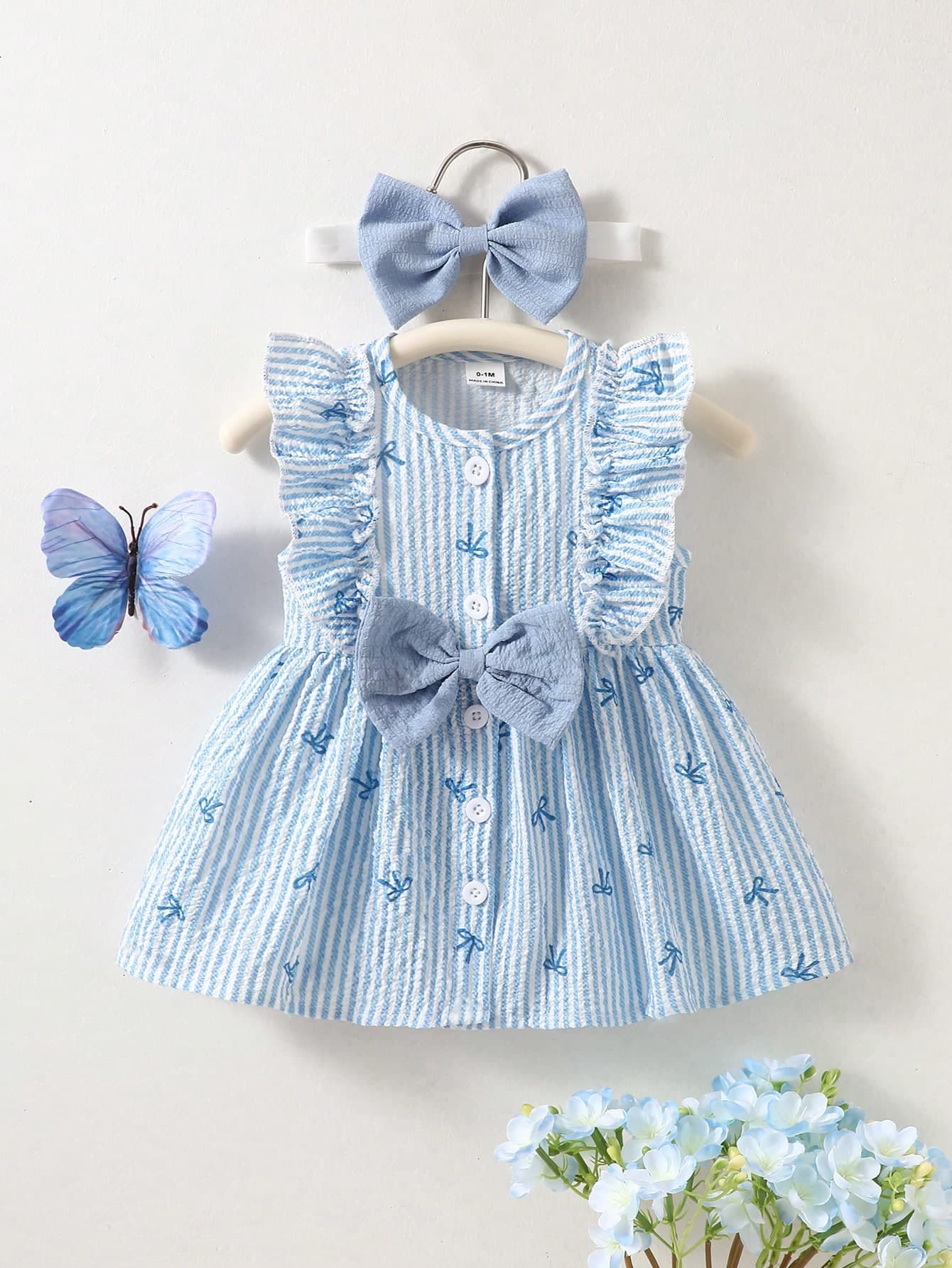 SHEIN Summer Newborn Baby Girl Blue Striped Ruffled Sleeveless Dress With Headband Cute Cartoon Bow Print Front-Opening Elegant Sweet Dress For Vacations
