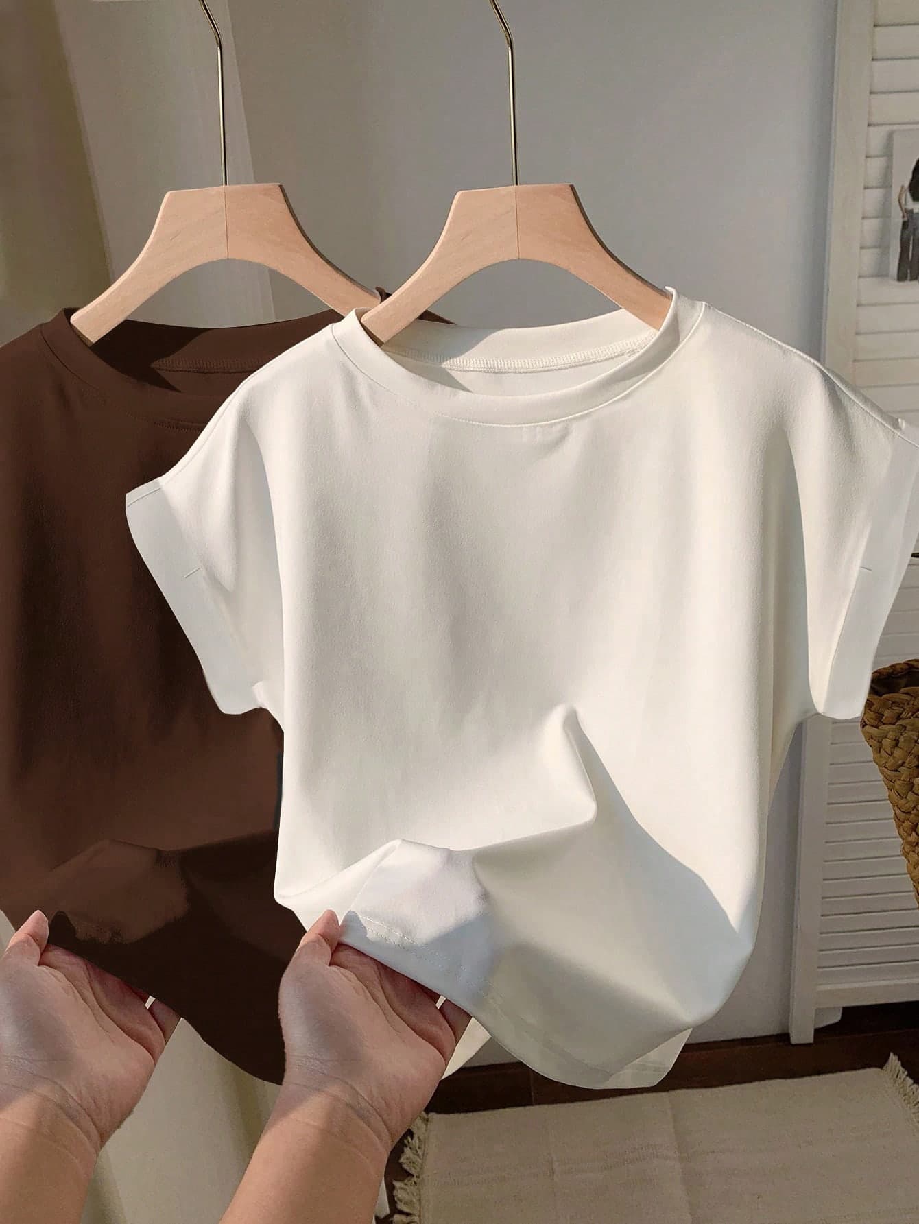 Comfortcana 2pcs Round Neck Drop Shoulder Short Sleeve T-Shirts,Slightly Sheer Suitable For Summer Everyday White Casual Basic Modest Everyday Everyday Everyday