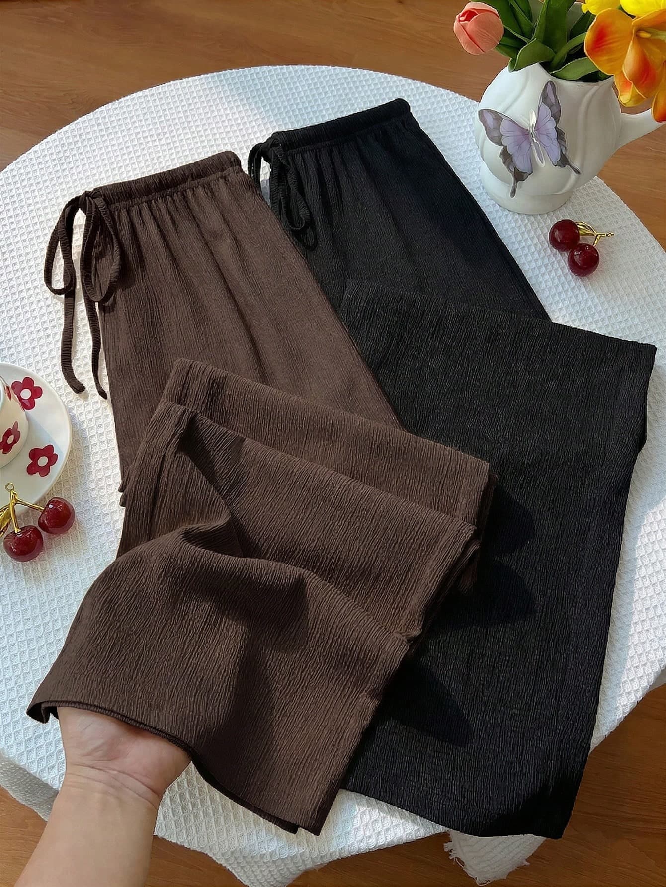 Sweetra Y2K Casual Vacation Versatile Collegiate Textured Wide Leg Pants