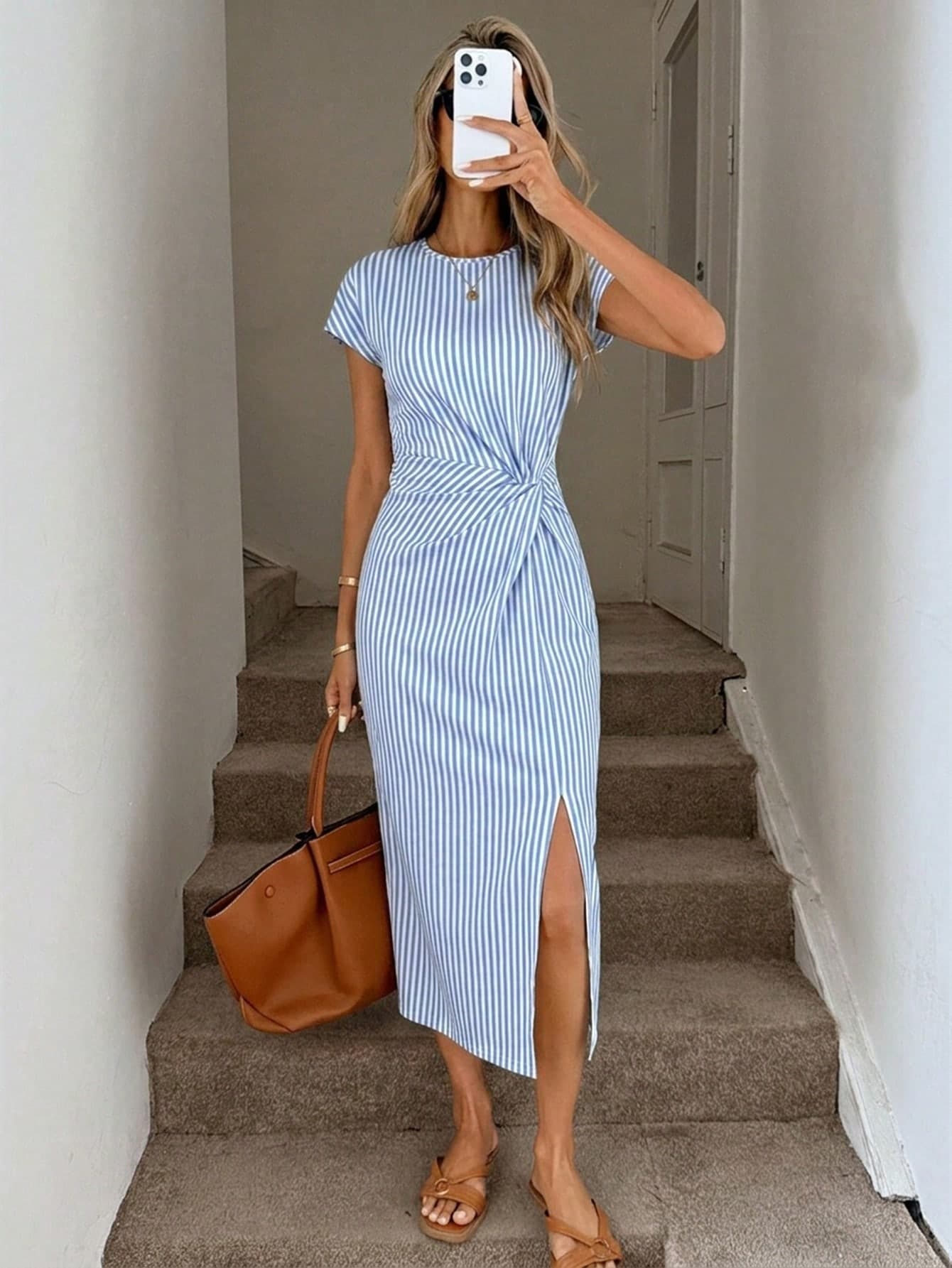 SHEIN LUNE Vintage Blue And White Stripe Nautical Print Elegant Waist Twist High Slit Sleeveless Midi Dress,Women Summer Casual Vacation Knit Bodycon Outfit