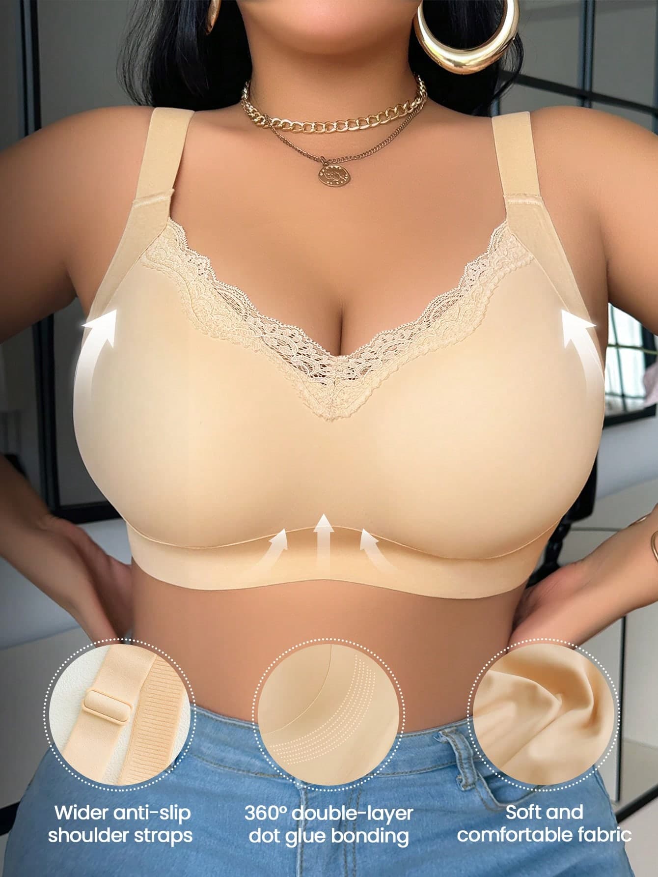 Plus Size Wireless Lace Bra With Lift And Side Support, Adjustable Shoulder Straps, Comfortable Daily Wear, Minimalist Design Wedding.