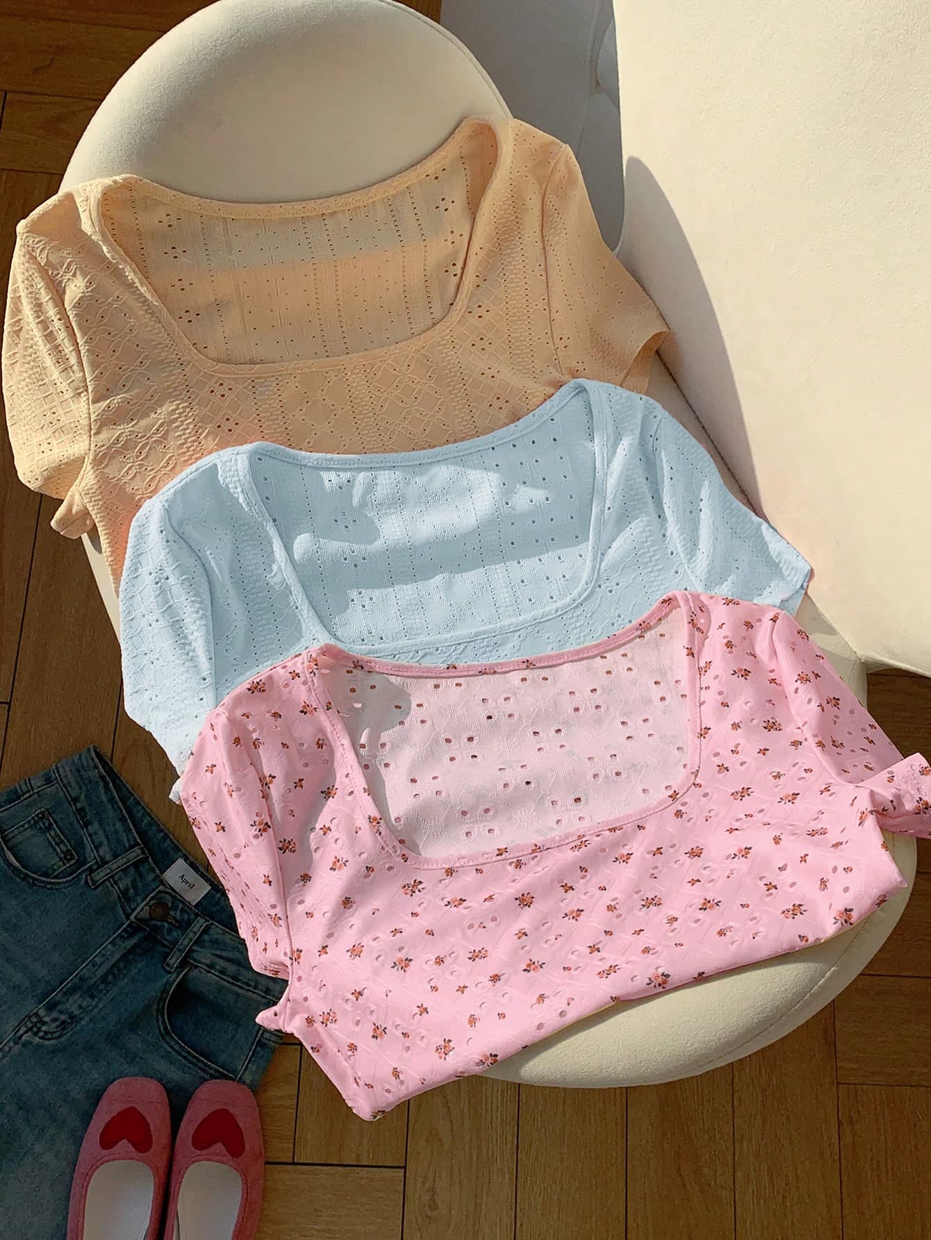 Comfortcana 3pcs Women's Basic Round Neck Short Sleeve T-Shirts Pink Floral Floral Summer Casual Cute Party Everyday Date Y2K Style Top With Heart Graphic