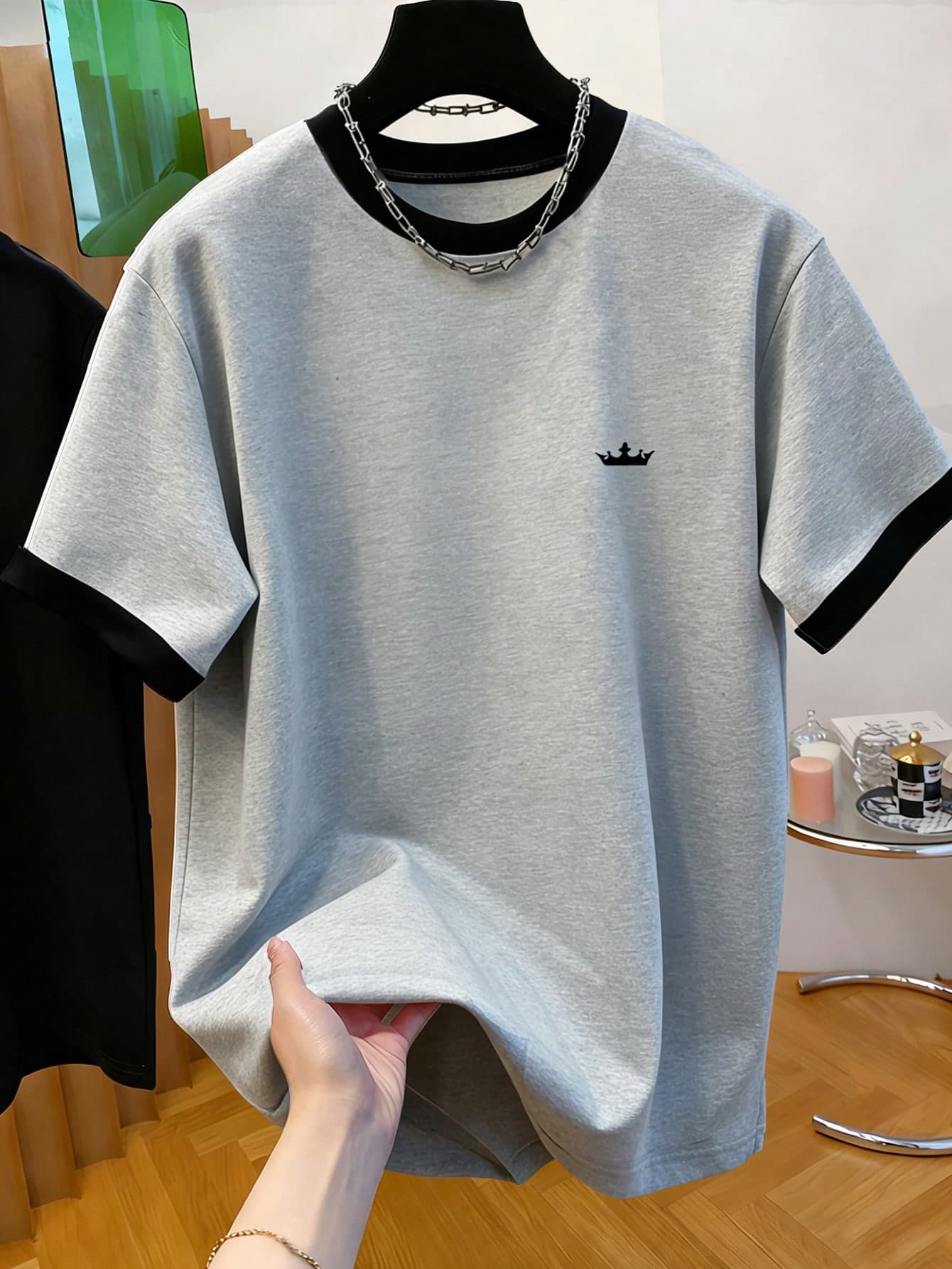 Teens' Casual Contrast Color Grey Crown Graphic Crew Neck Short Sleeve T-Shirt, Summer
