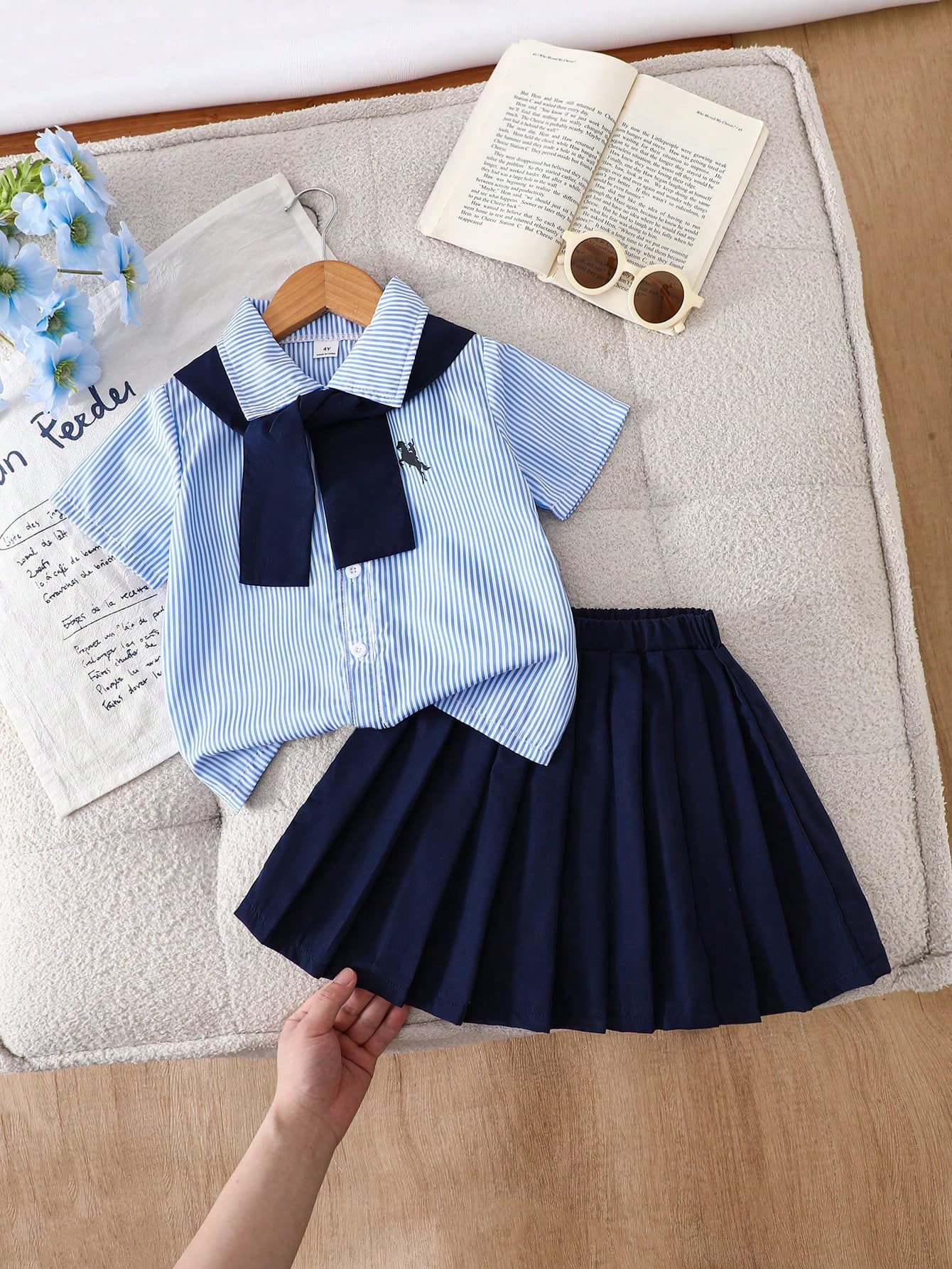 SHEIN Playful Pals Young Girl Striped Sailor Collar Single-Breasted Short Sleeve T-Shirt And Solid Color Mini Skirt Casual Daily Outfit