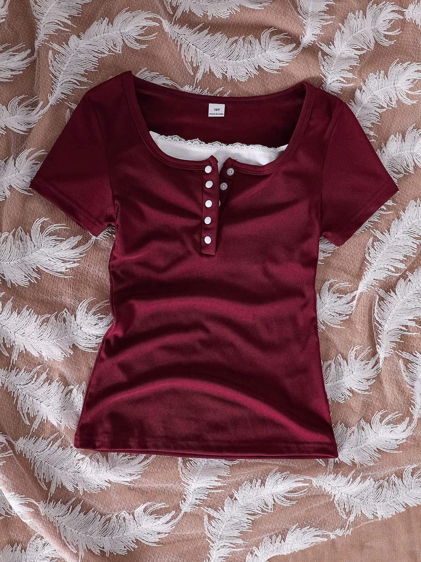 Tween Girls French Vintage Square Neck Ribbed Fitted Short Sleeve T-Shirt