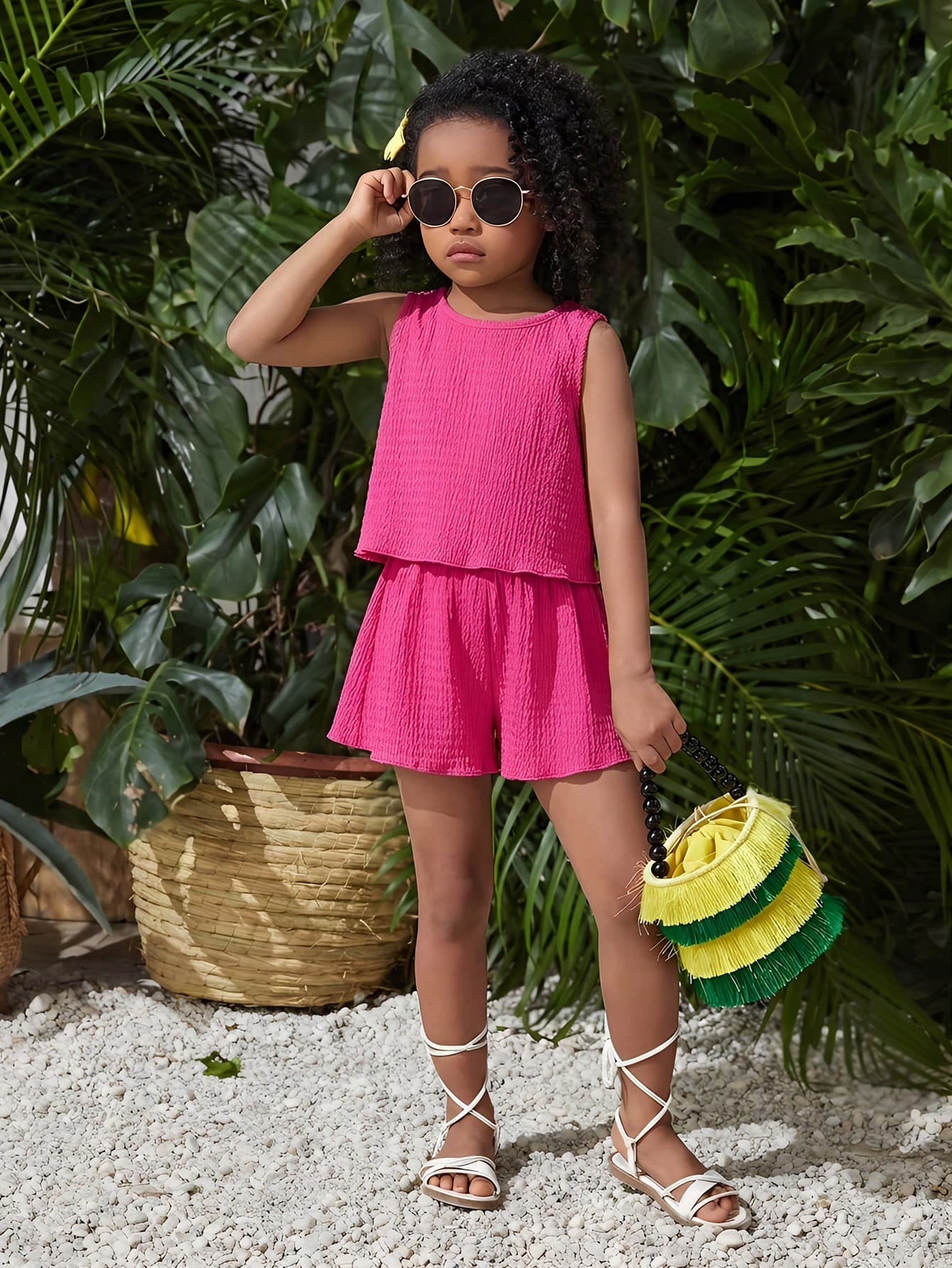 2pcs/Set Young Girls Loose Fit Fuchsia Camisole Set, Cute & Sweet Casual Outfit For Vacation, Beach, Camping, Matching Sister Looks