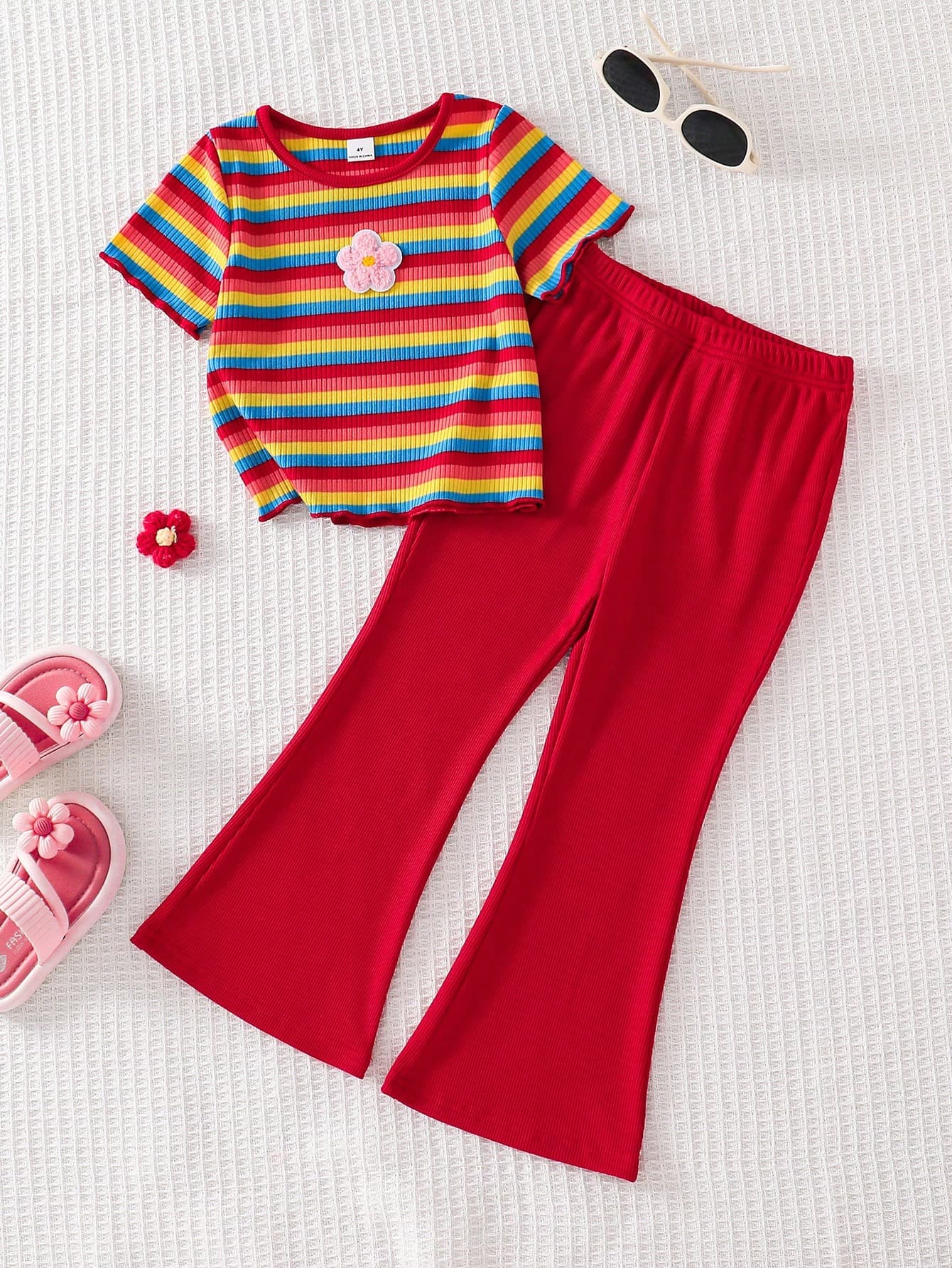 Young Girl' Cute Vacation Colorful Striped Purple Embroidered Rib Flare Pants Set