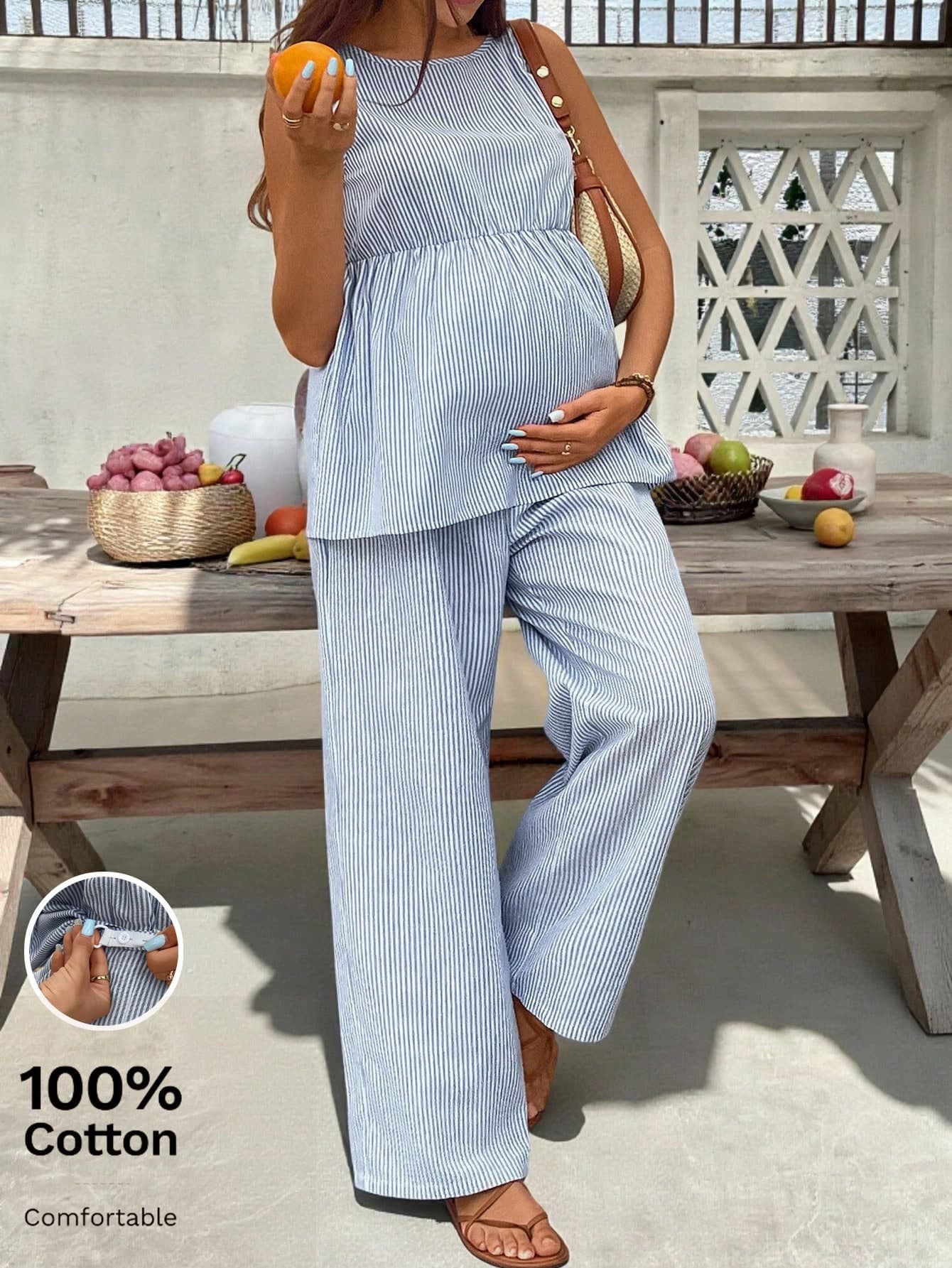 SHEIN Maternity Casual Vacation & Commute Striped Print Sleeveless Babydoll Top & Wide Leg Pants 2 Pieces Set, Spring/Summer