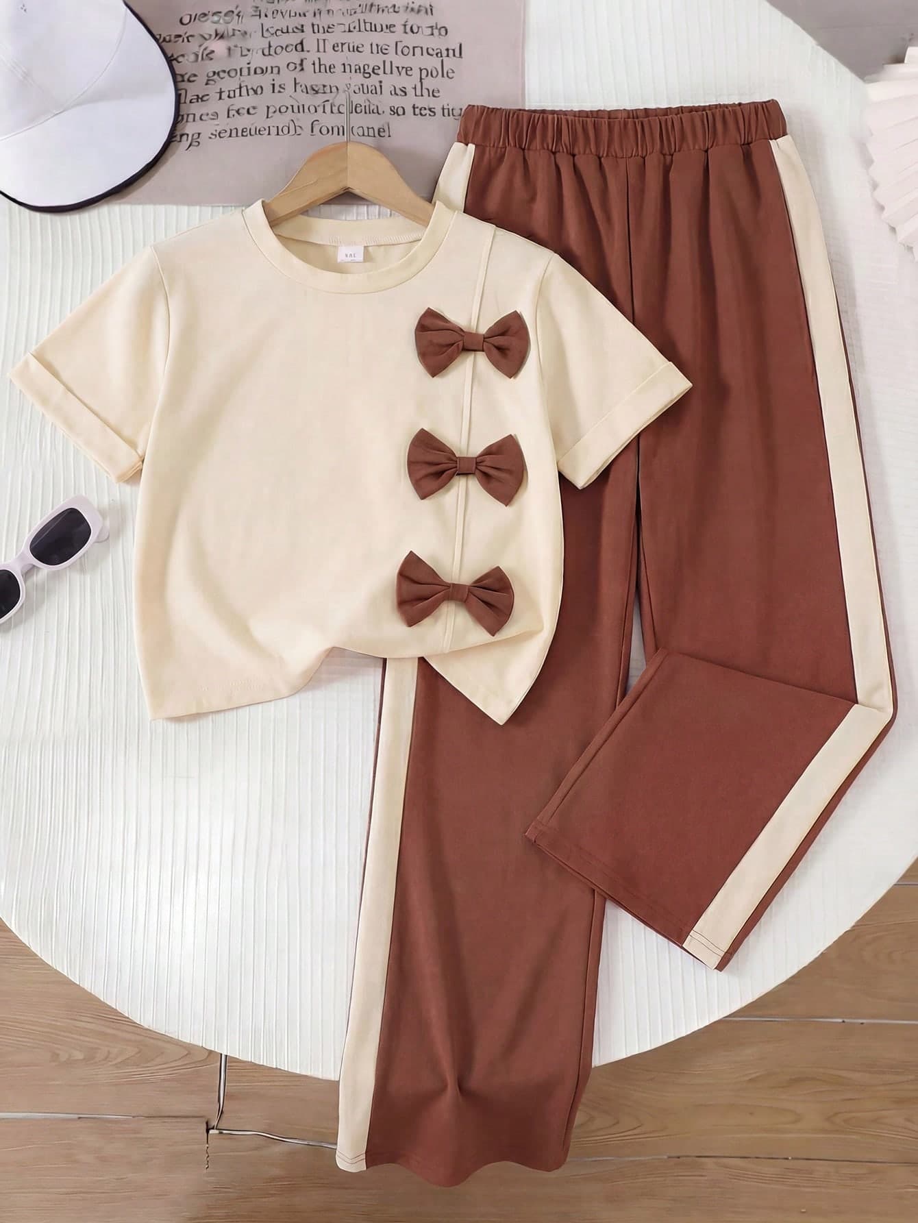 SHEIN 2pcs/Set Big Kids' Casual Loose Bowknot Patchwork White Loose Top + Casual Sports Pants, Pink