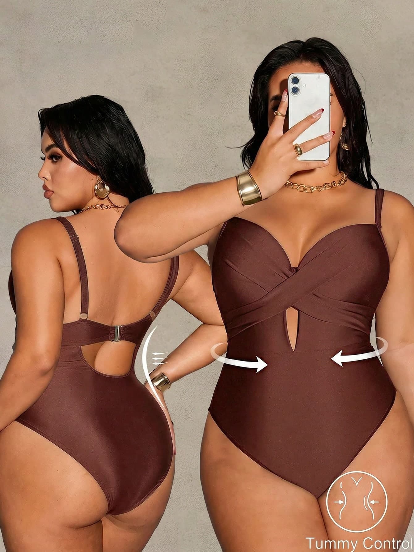 Shapewave Plus Size Women Solid Color Criss-Cross Sexy One-Piece Swimsuit