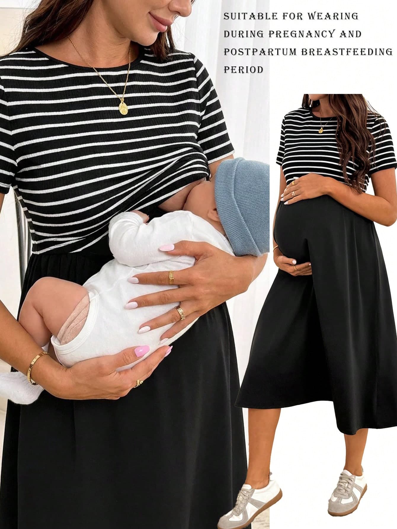SHEIN Maternity Summer Casual Striped Patchwork Nursing Dress