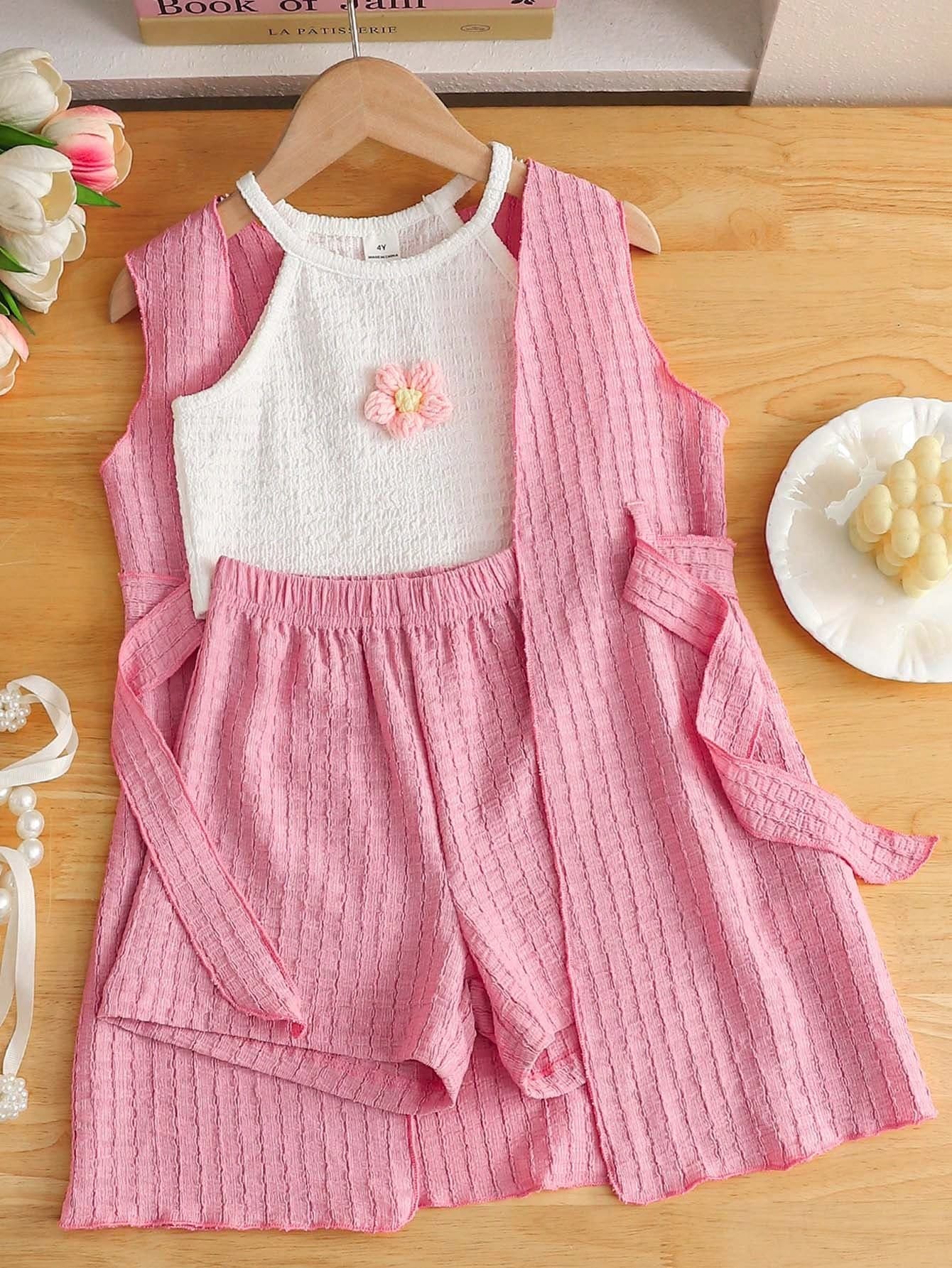 SHEIN Elladie kids Girls' Summer 3 Pieces Set,Sleeveless Crop Top,Straight Leg Shorts&Thin Knit Jacket With Belt Decor,Light Pink Casual Clothes For Toddler Kids Girl