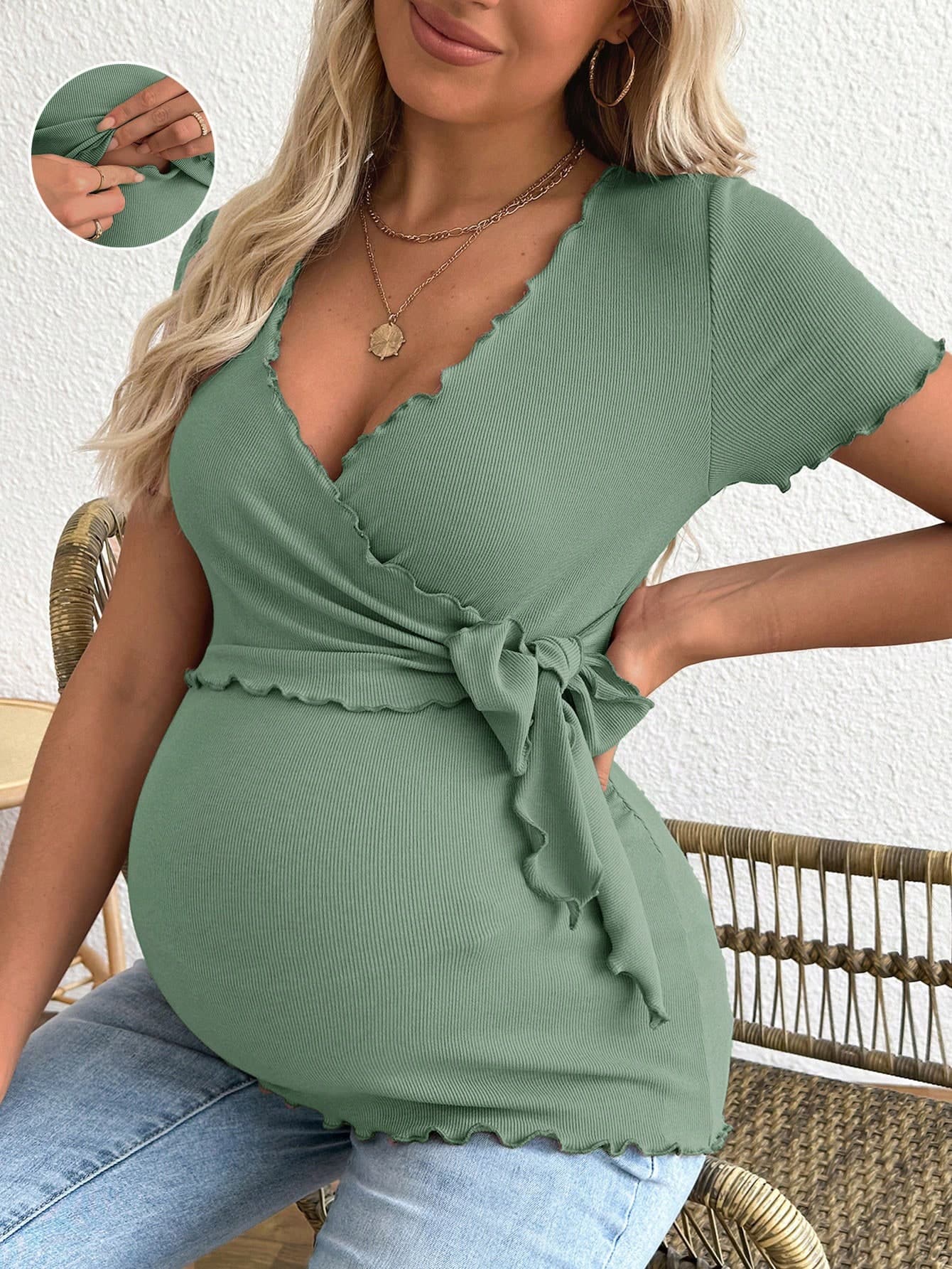 SHEIN Maternity Summer Simple Solid Color Lettuce Hem Wrap Tie T-Shirt World Cup Fall
