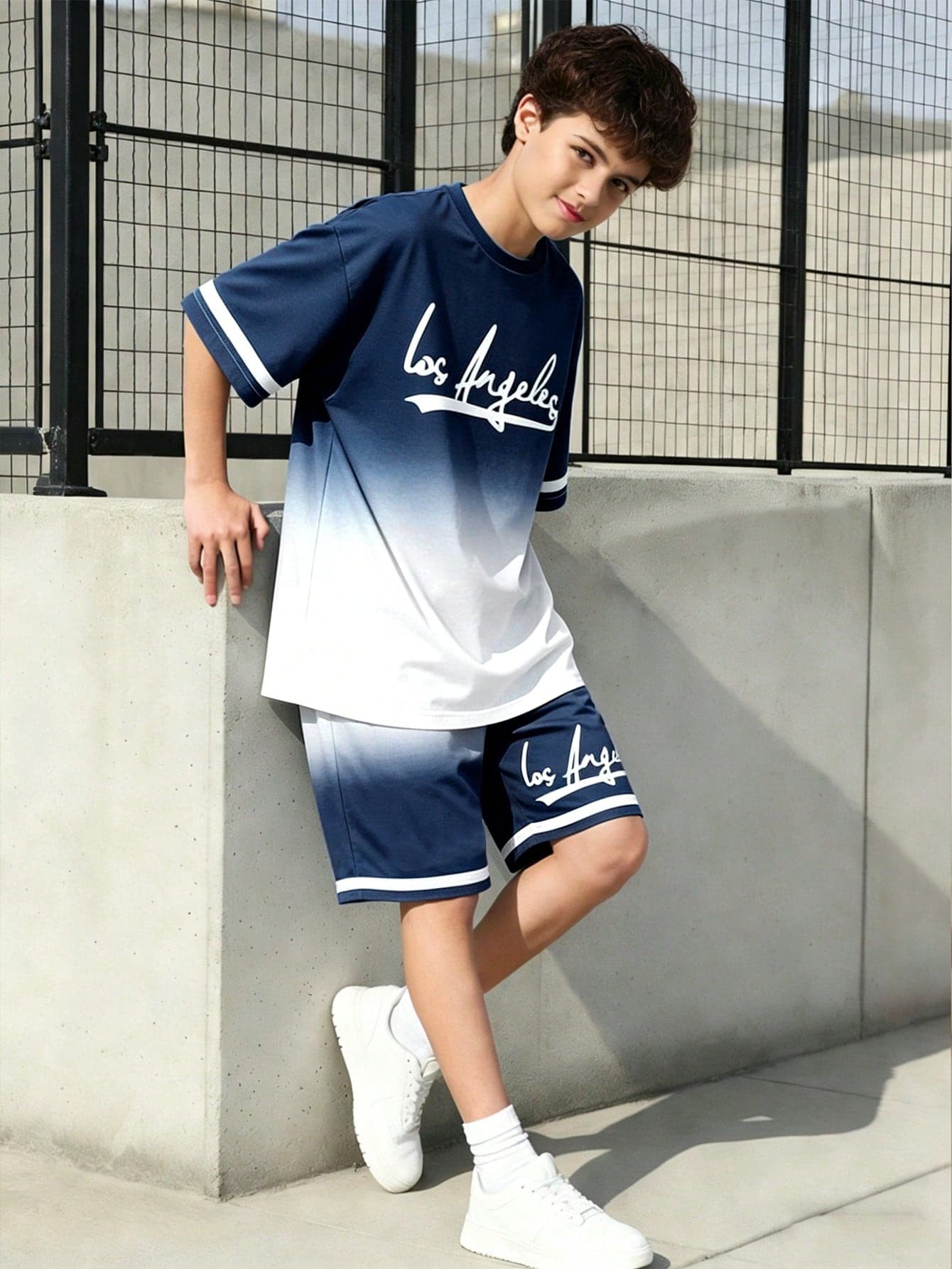 SHEIN Vacaura 2pcs/Set Teenage Boys' Round Neck Short Sleeve Top And Sports Shorts Set, Casual Cool Outfit For Summer