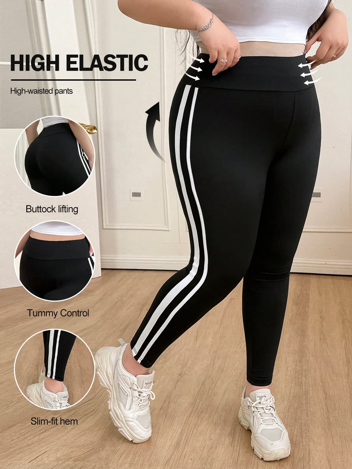 CovetEZ Plus Size Solid Color Patchwork Slim Fit Leggings, Casual Everyday Wear