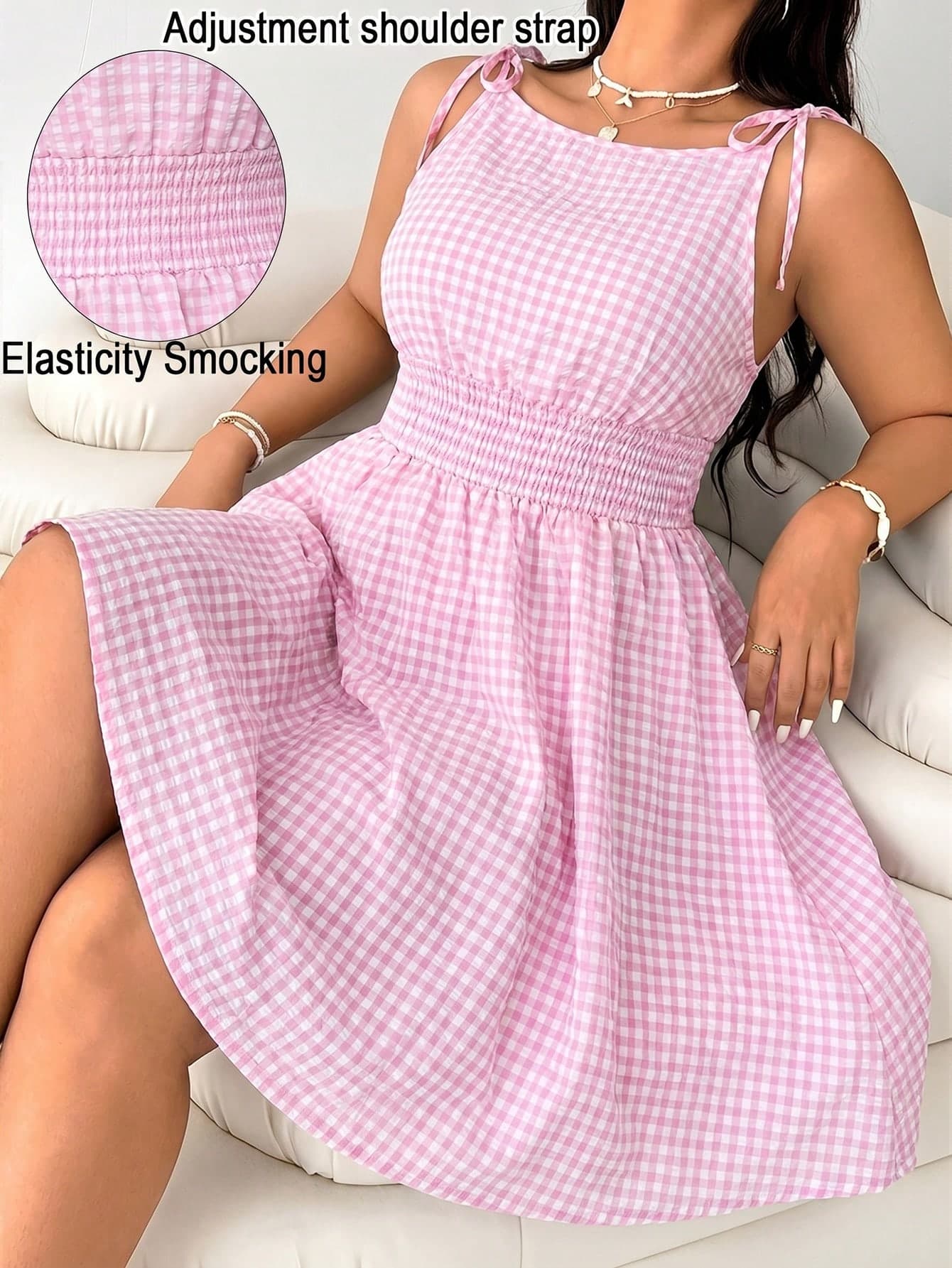 Solflare Light Pink Plaid Waist Tie Plus Size Dress For Women,White,Summer,Casual,Picnic,Holiday,Elasticity Smocking,Adjustable Shoulder Strap,Chic Y2k Party
