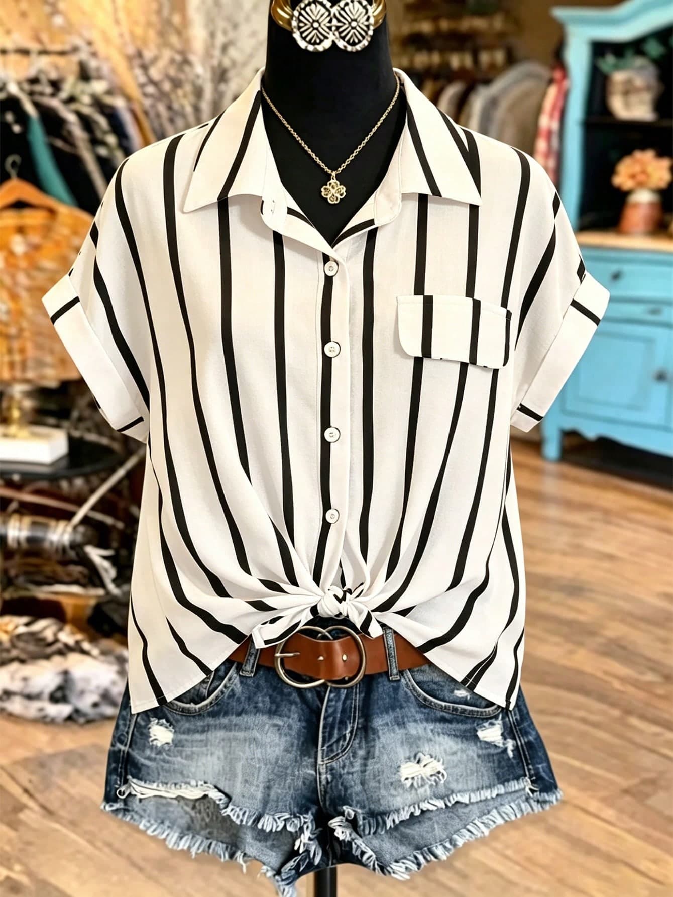 NostaNoir Striped Print Batwing Sleeve Shirt