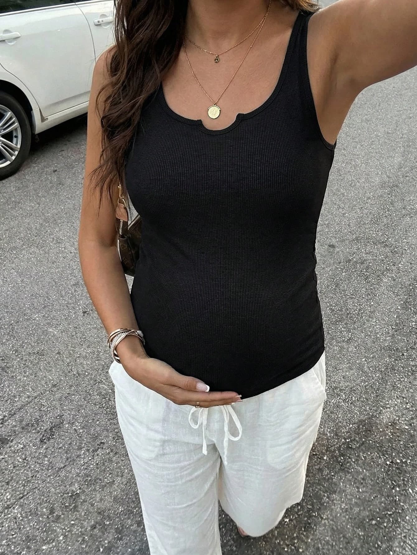 SHEIN Maternity Solid Color Round Neck Fitted Casual Tank Top, Summer World Cup