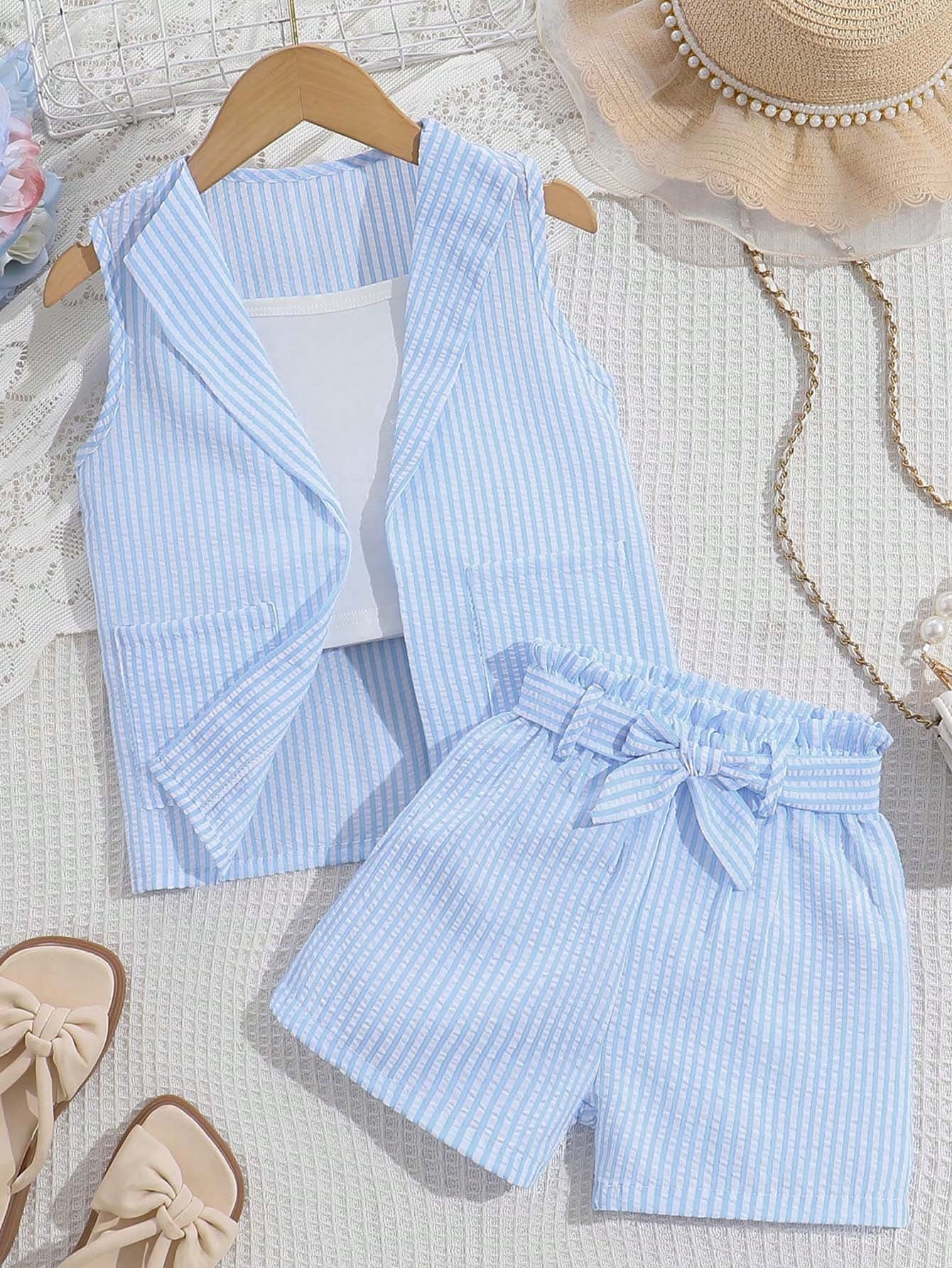 SHEIN Genkimix Kids 2pcs/Set Toddler Girls' Blue & White Striped Sleeveless Jacket With Bow Tie Belt And Shorts,Summer Matching Family Vacation Holiday Fashion Outfits