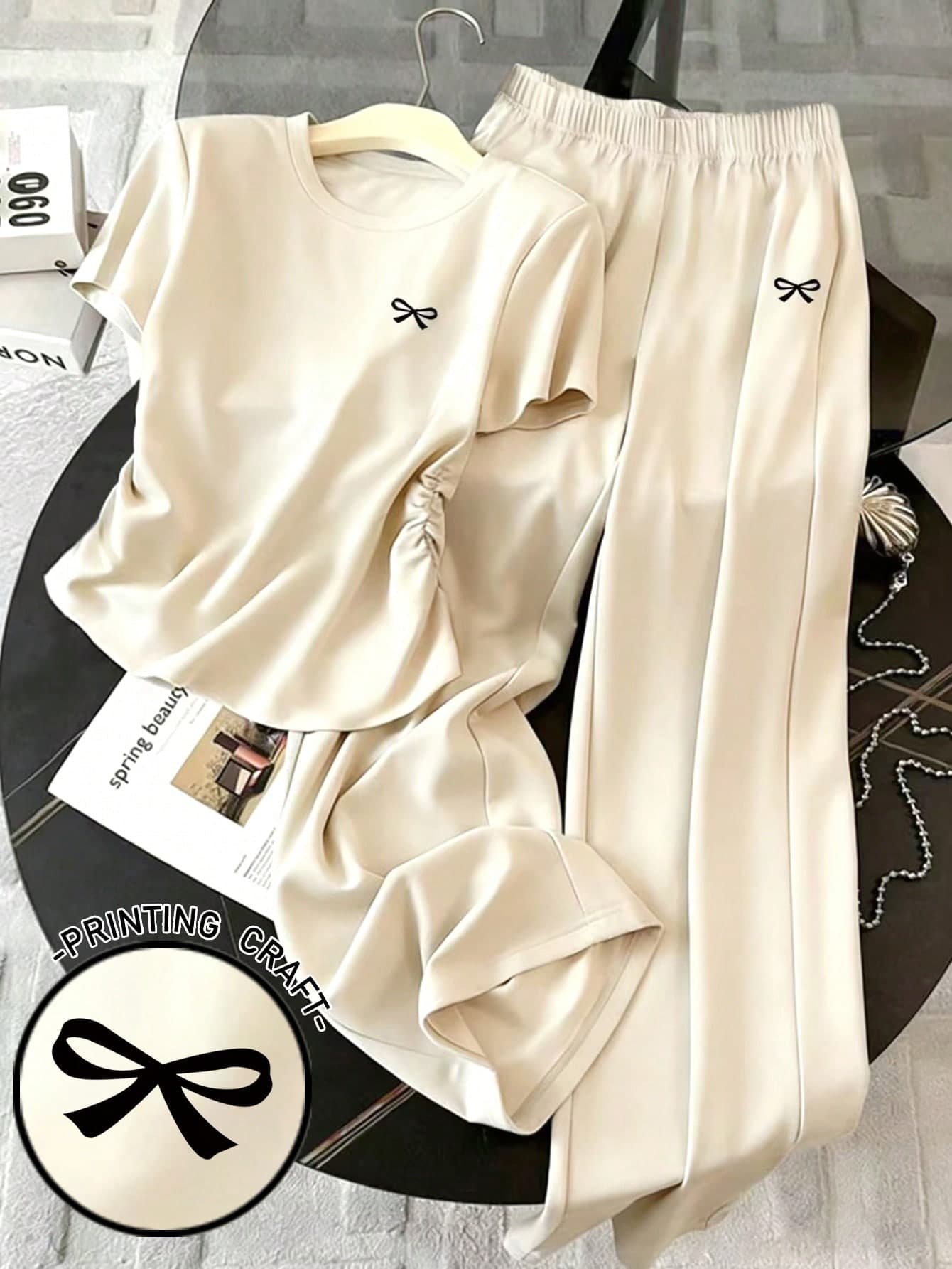 SHEIN Women's Spring/Summer New Arrival Cute Bow Print 2 Pieces Set, Casual & Versatile