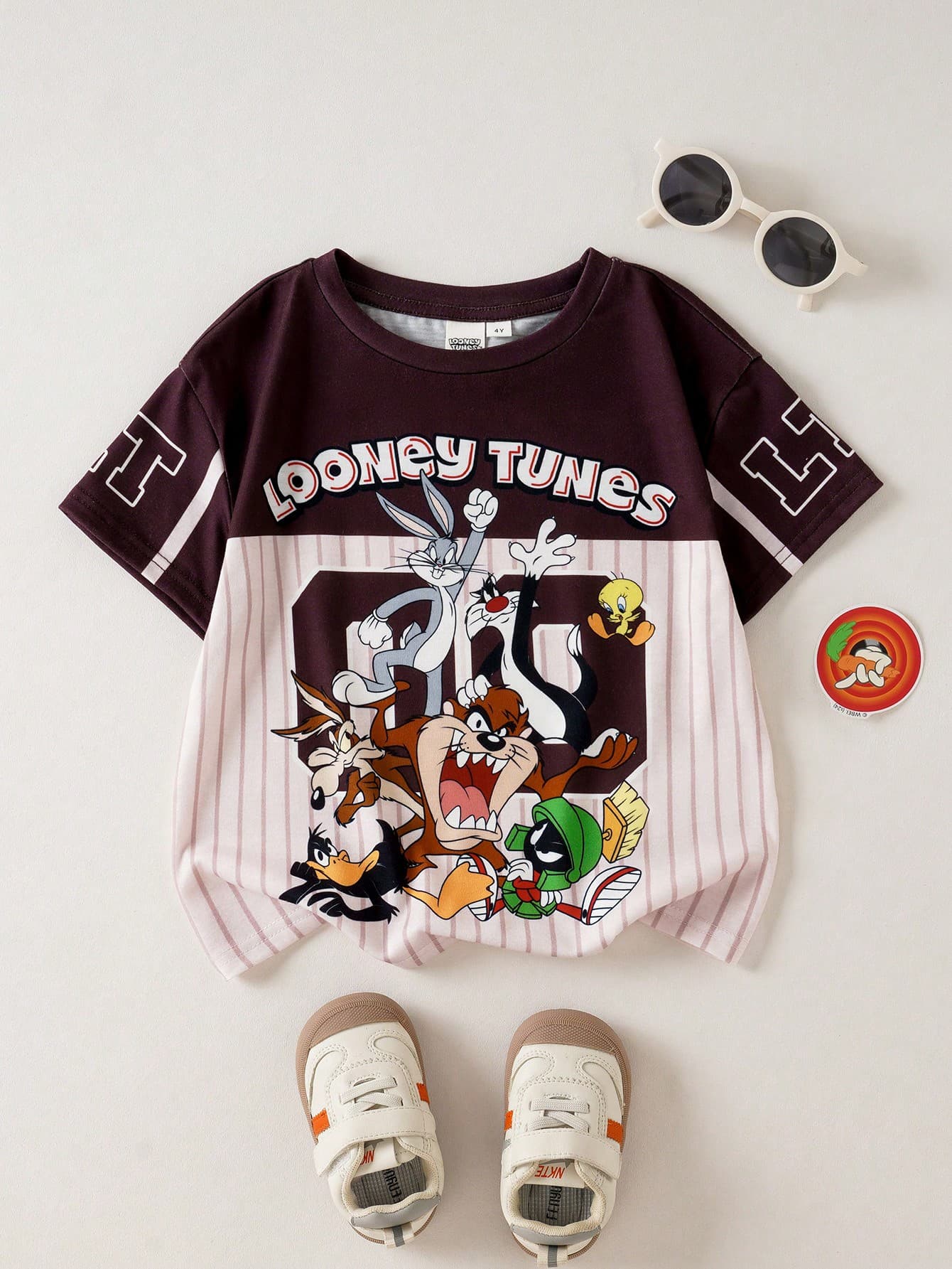 LOONEY TUNES X SHEIN Toddler Boy Colorblock Striped Cartoon Letter Print Short Sleeve T-Shirt