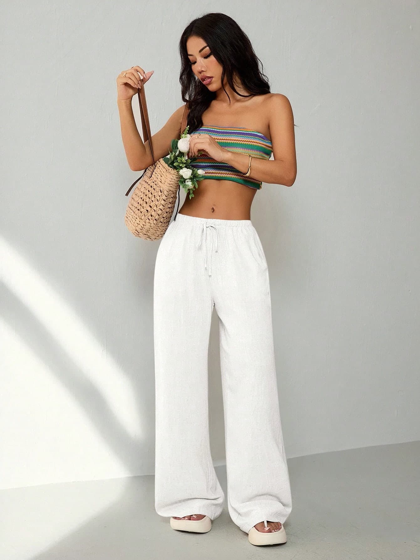 SHEIN PETITE Women's Casual Solid Color Loose Straight Drawstring Pants ,Petite Women