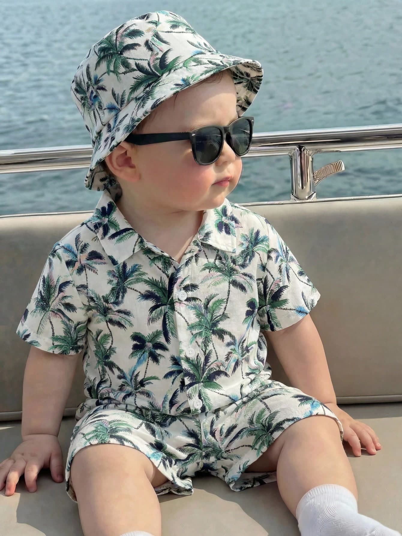 SHEIN 3pcs Set:Baby Boy Summer Casual Vacation Coconut Tree Print Shirt,Shorts,Bucket Hat 3-Piece Outfit Co Ords Sets Clothes Holiday Outfits 2 Piece