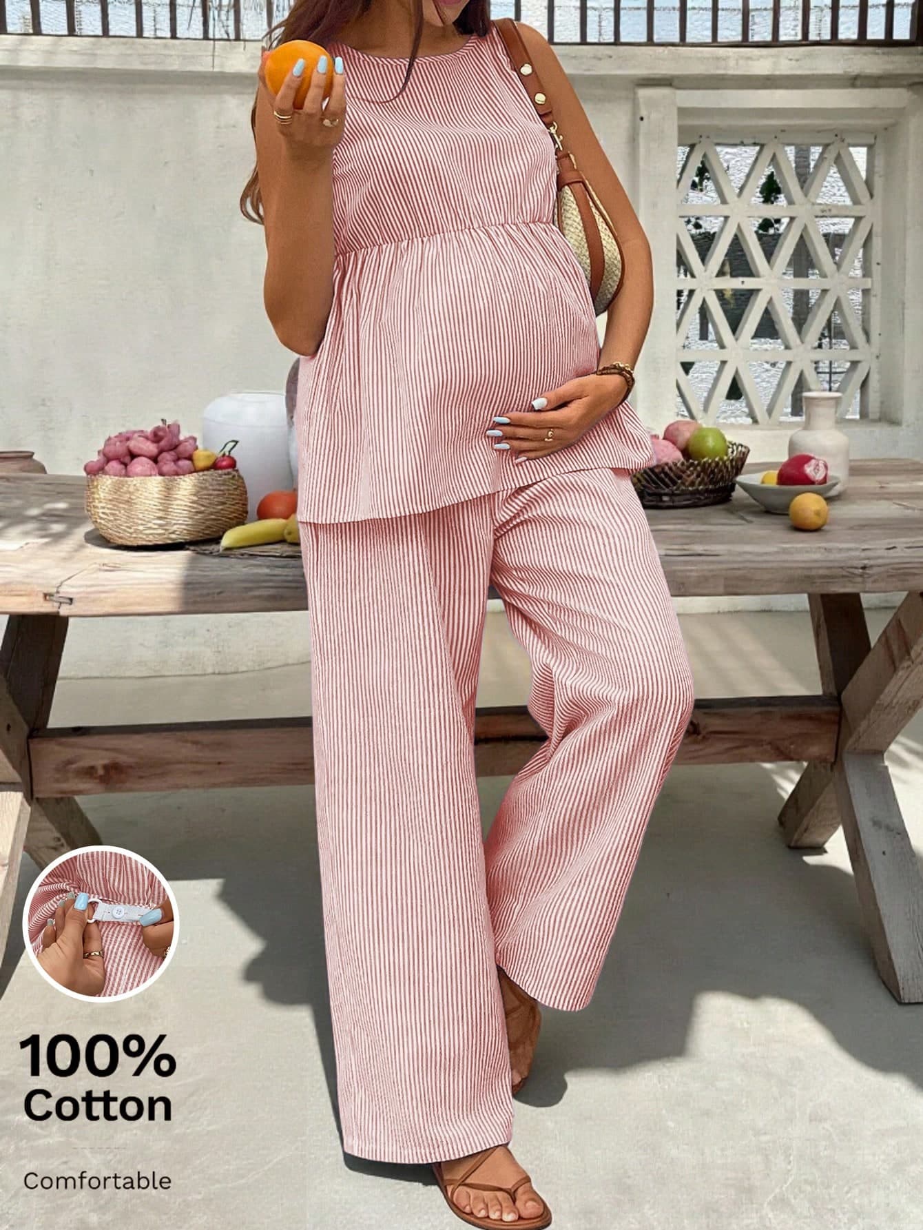 SHEIN 2pcs Maternity Vertical Stripe Sleeveless Top And Pants Set