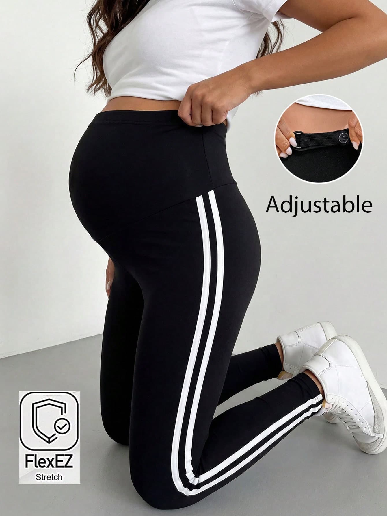 SHEIN Adjustable Waist Side Stripe Casual Leggings For Pregnant Women