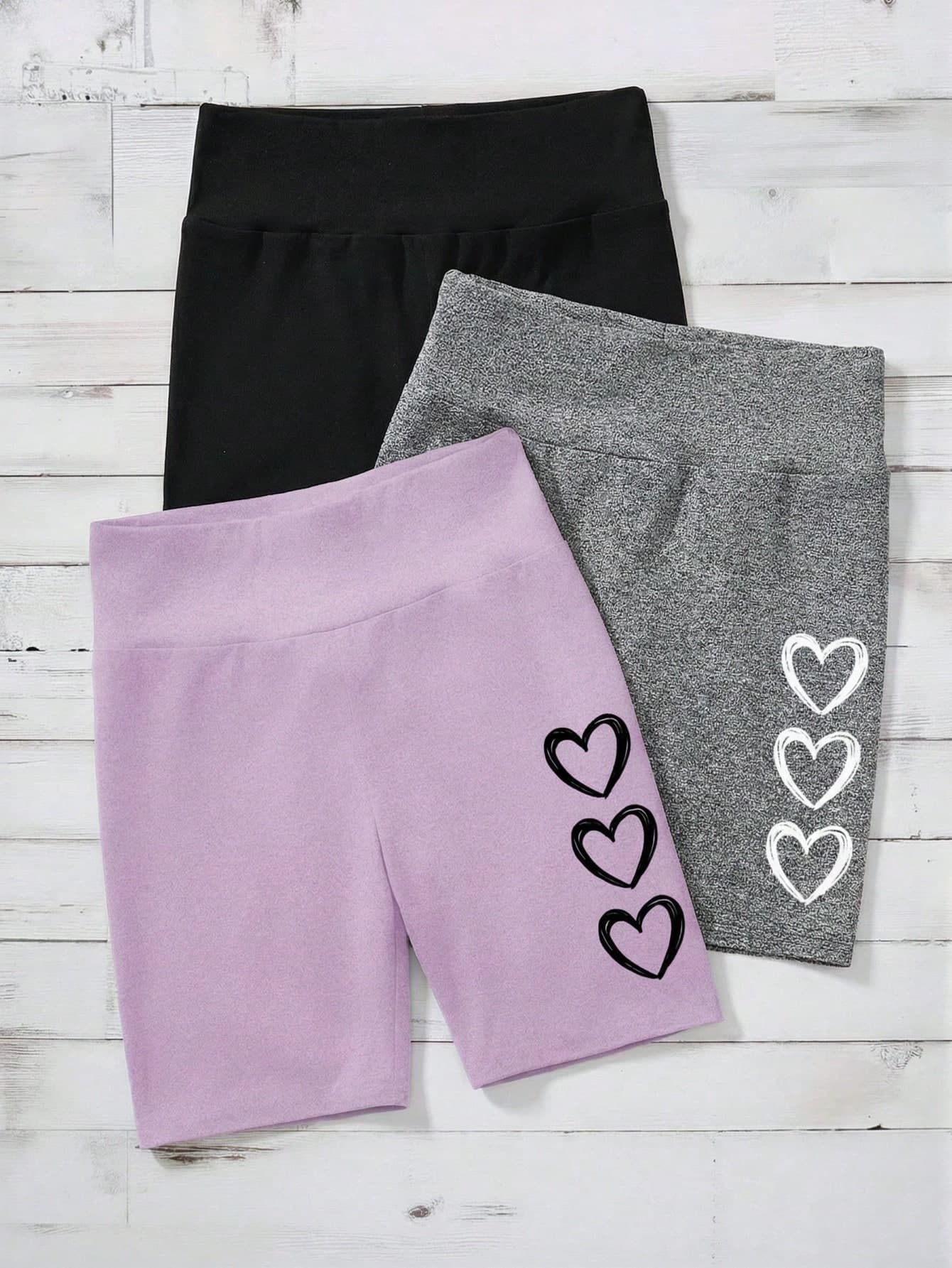 Emery Rose Kids Emery Rose Kids 3pcs/Set Tween Girls' Casual Minimalist Heart Pattern Mid-Length Leggings, Suitable For Spring/Summer