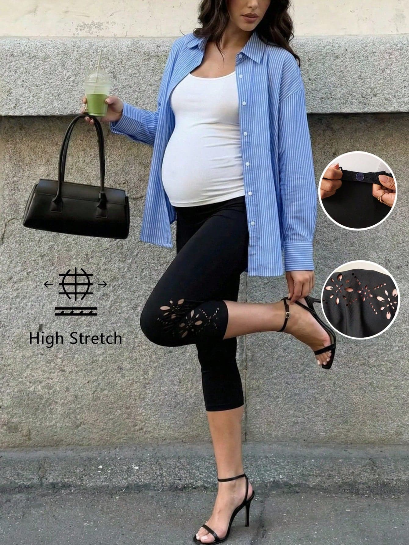 MaterniWear Maternity Capri Leggings For Women Black Summer Casual,Floral Hem High Stretch Adjustable Waist Pregnancy Tights,Formal Coming Home Bump Friendly