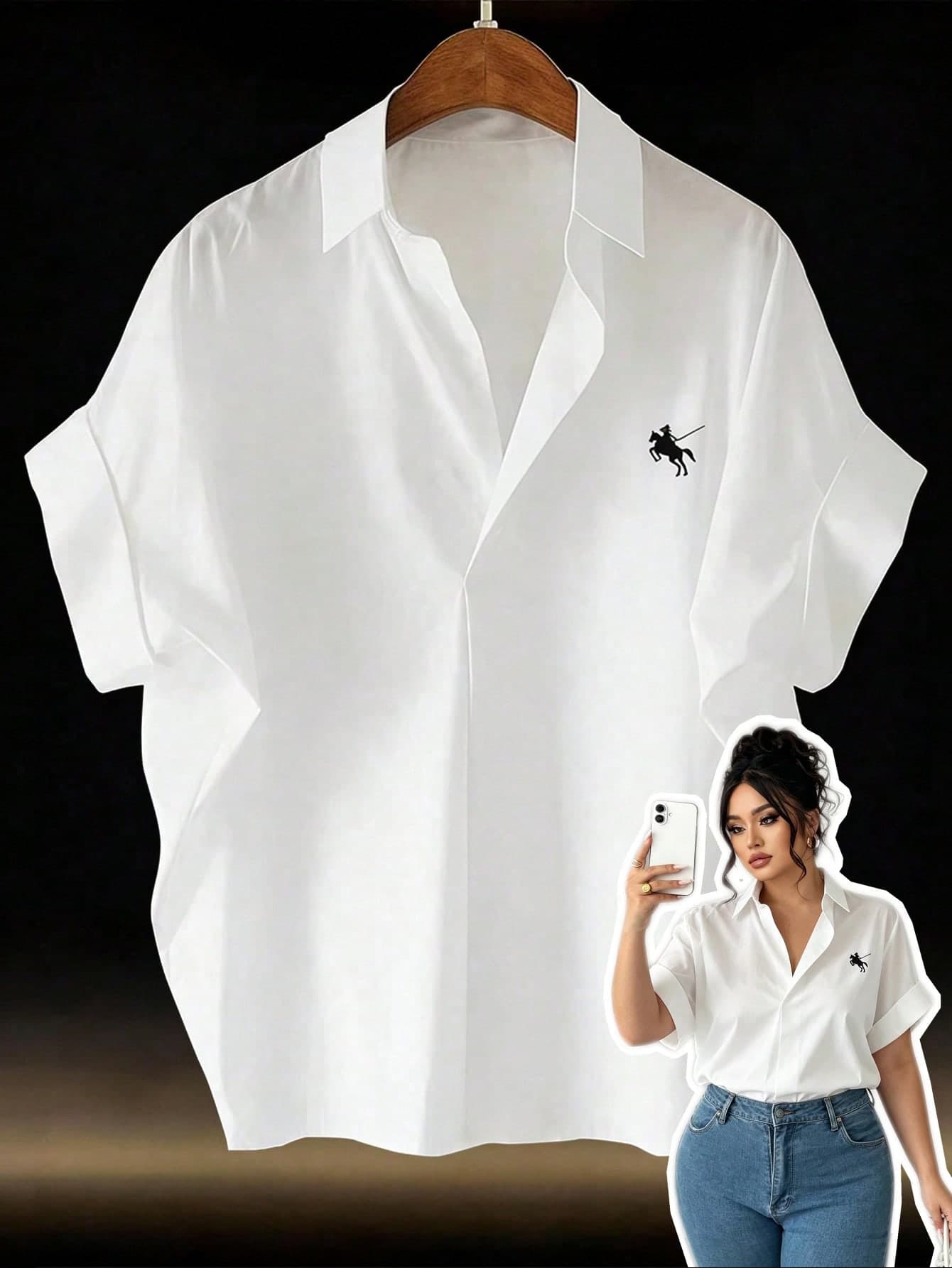 Elenzga Plus Size Women White Embroidered V-Neck Short Sleeve Blouse,Horse Logo Casual Summer Everyday Basic Shirt,Batwing Half Sleeve Woven Top With Pocket