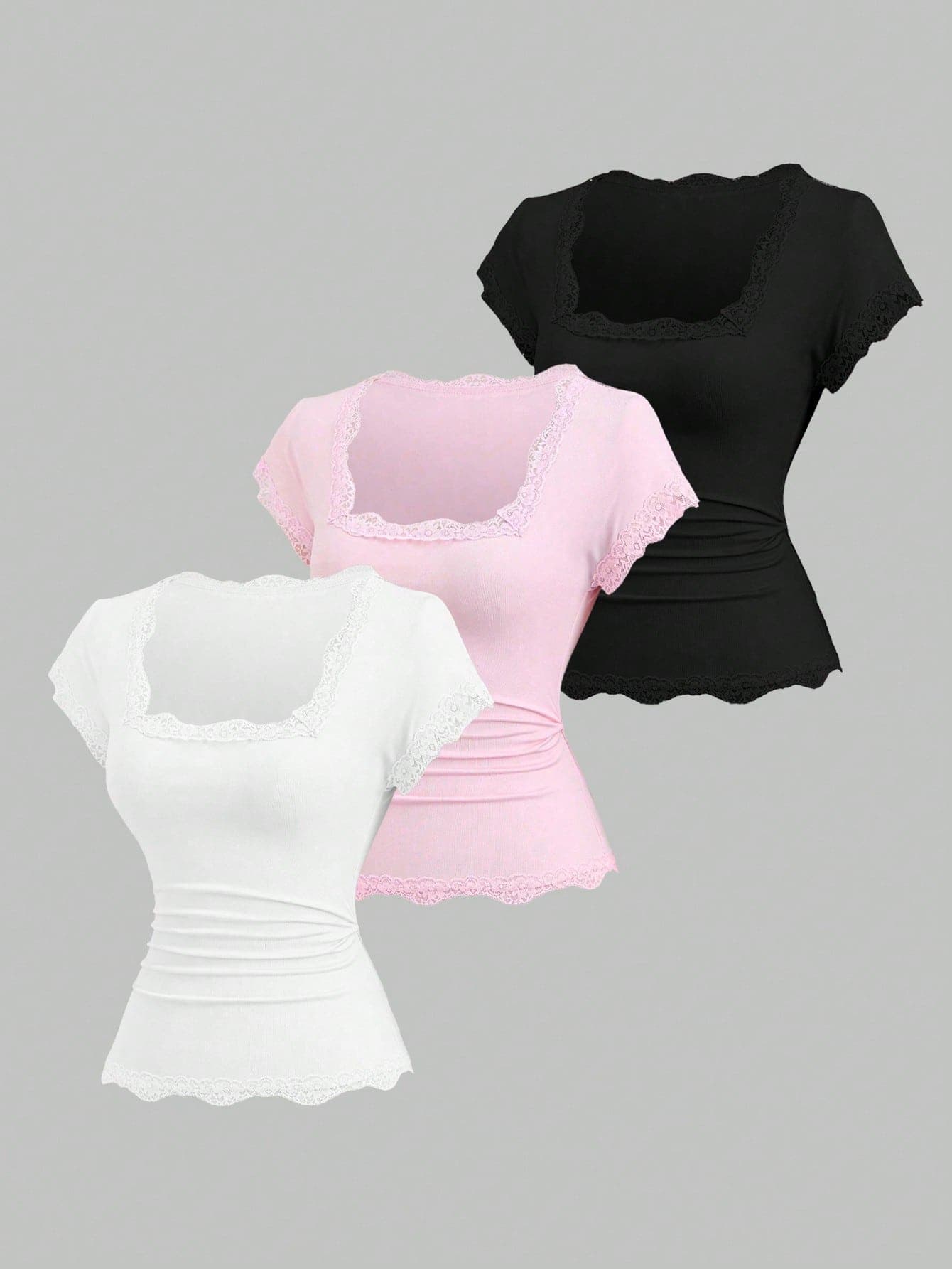 Sweetra Women's New Design Sense High Street Chic Lace Trim Fitted Casual Comfortable T-Shirt Set, Suitable For Vacation, Sports, Daily Wear, Spring/Summer