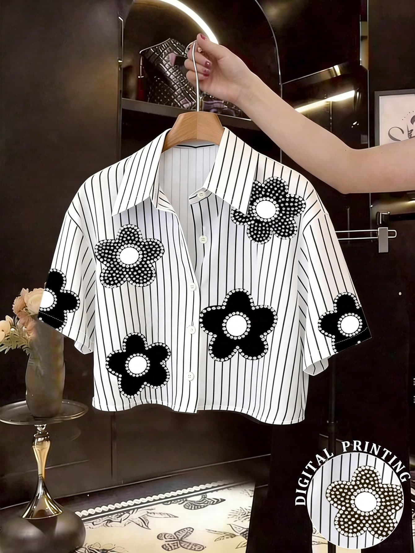 Franclia Women's Striped Floral Print Single-Breasted Casual Commuter Short Sleeve Shirt