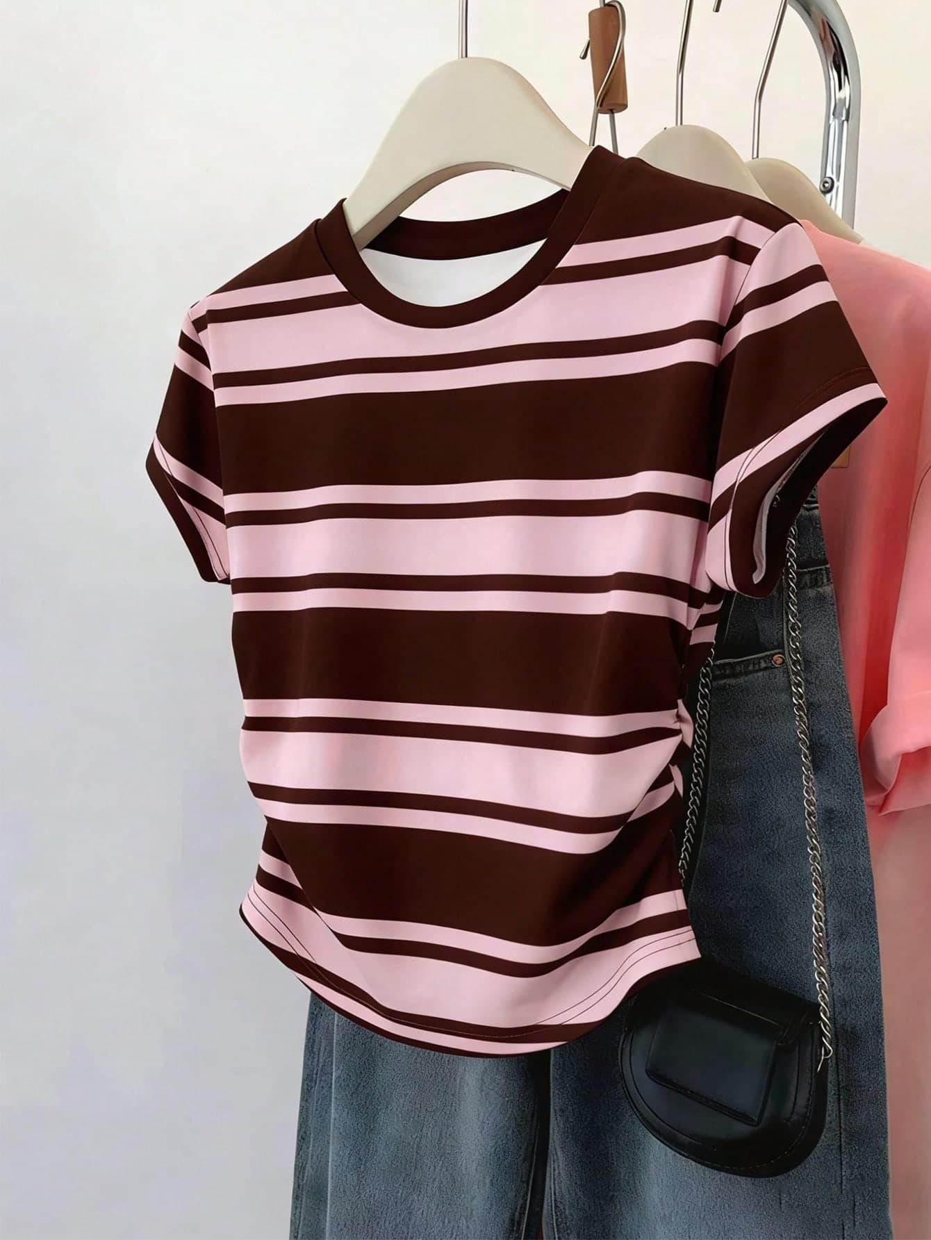 Tween Girl Vintage Brown & Pink Striped Side Ruched Waist Round Neck Short Sleeve T-Shirt,Fitted Casual Summer Top,School Everyday Classic Outfit