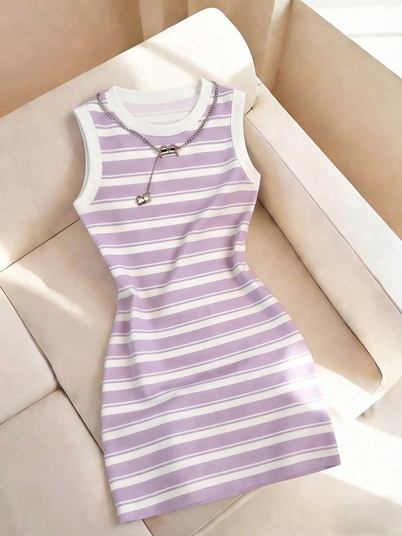 Resyla Women's Striped Print Round Neck Fitted Sleeveless Dress, New Arrival Spring/Summer