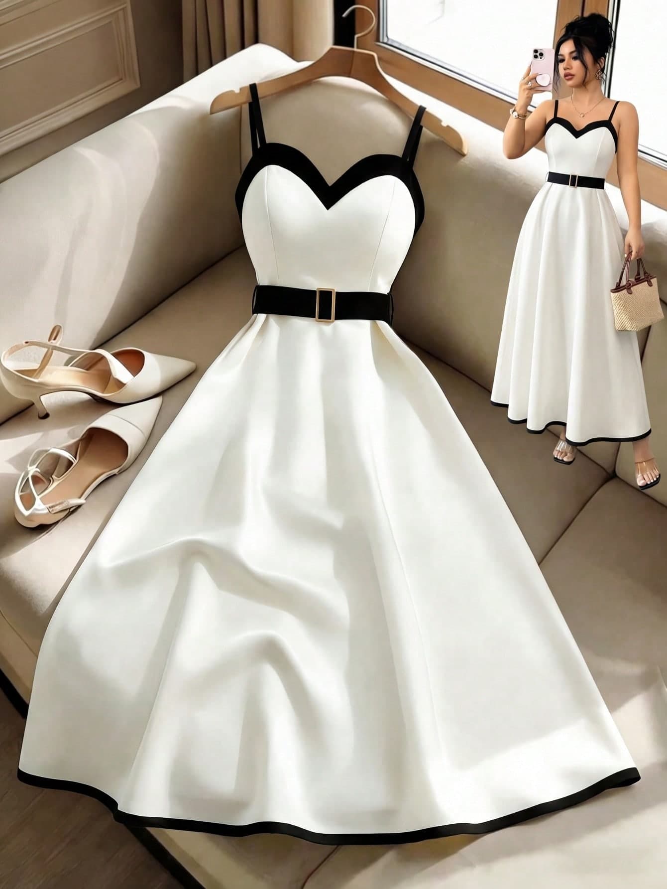 Franclia Black And White Patchwork Metal Belt Woven Elegant Fashionable Suitable For Spring/Summer Dating Easter Dating Party Commuting Women's Summer Dress Summer Summer Outfit Easter Outfit Easter Clothing Easter Women's Elegant Women's White Women's Wedding Guest Wedding Guest Party Dress Women's Elegant Outfit Elegant Party Dress Black And White Dress