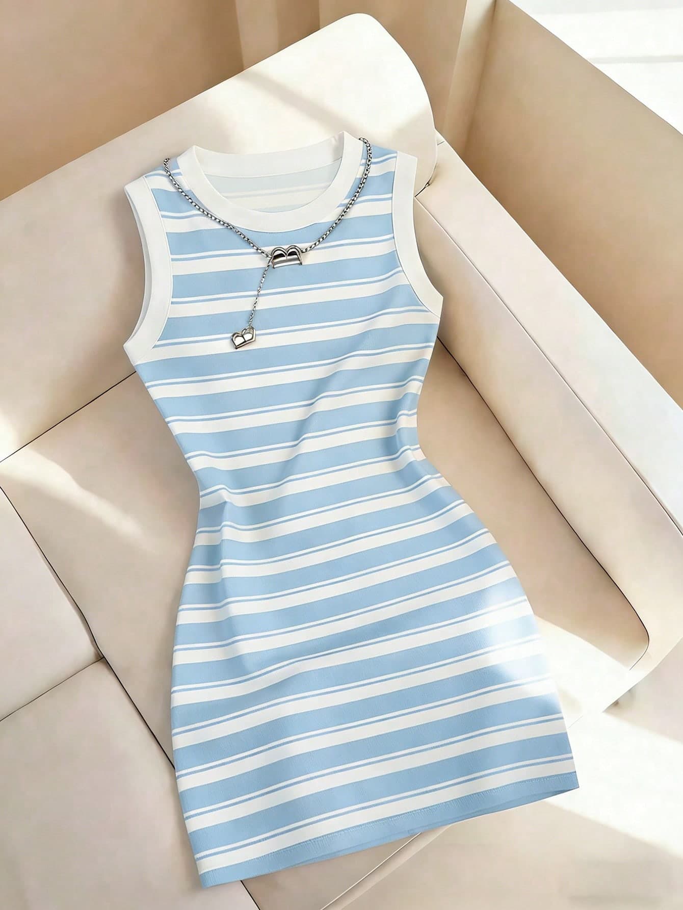 Resyla Women's Spring/Summer New Arrival Striped Print Round Neck Fitted Camisole Dress