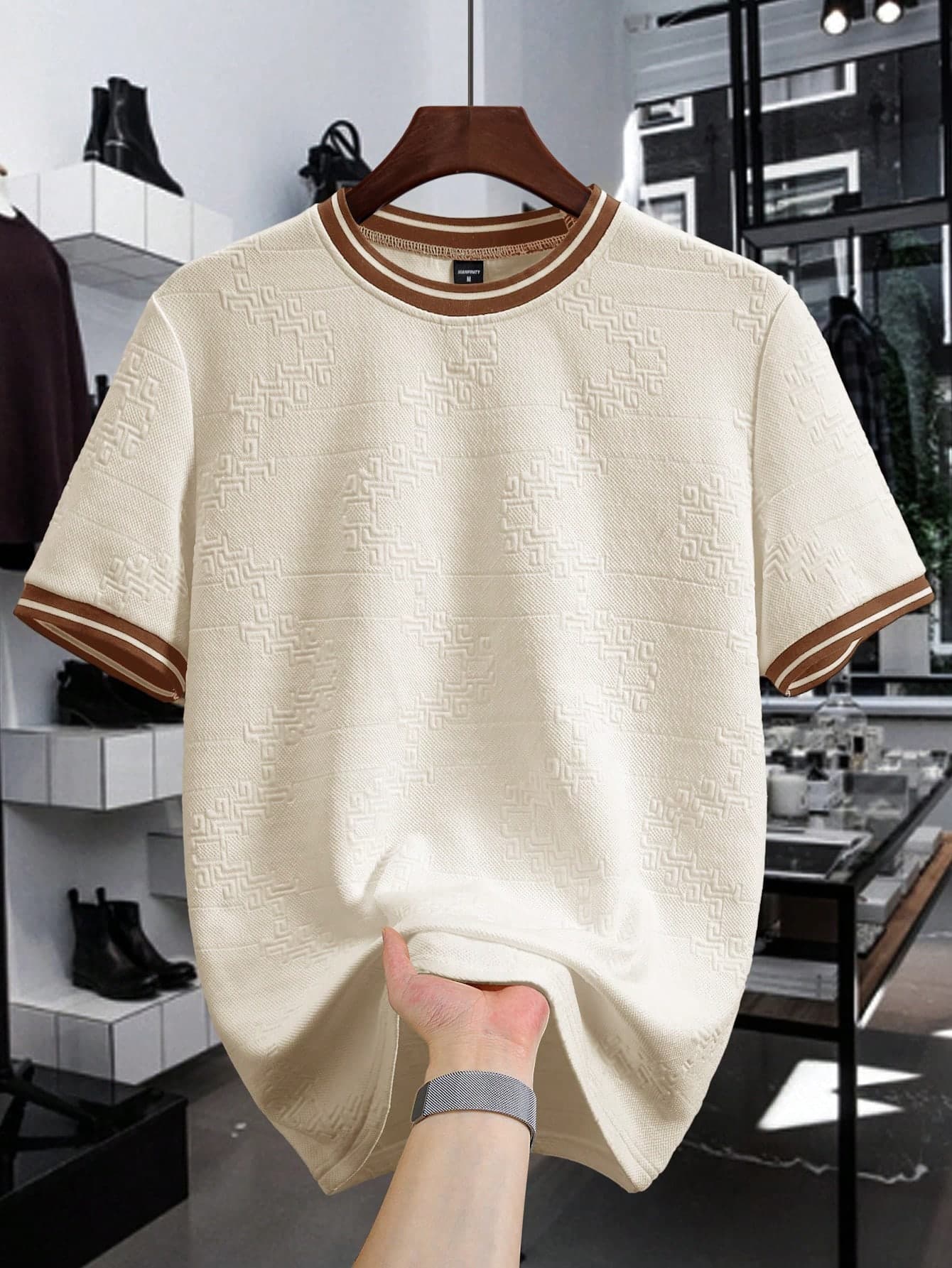 Manfinity Homme Men's Jacquard Solid Color Textured Crew Neck Short Sleeve T-Shirt