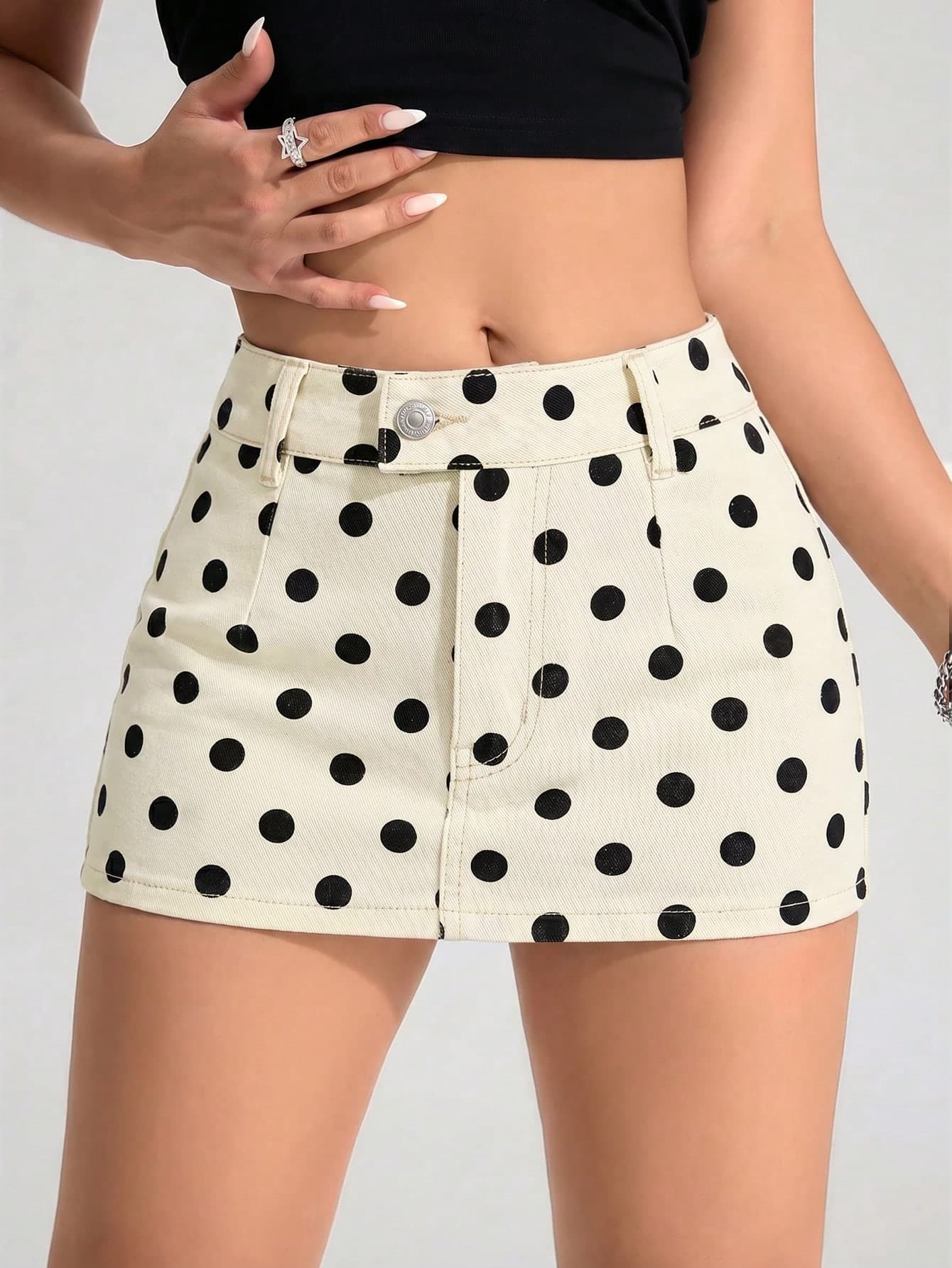SHEIN PETITE Women's Button Polka Dot Casual Versatile Daily Wear Denim Mini Skirt